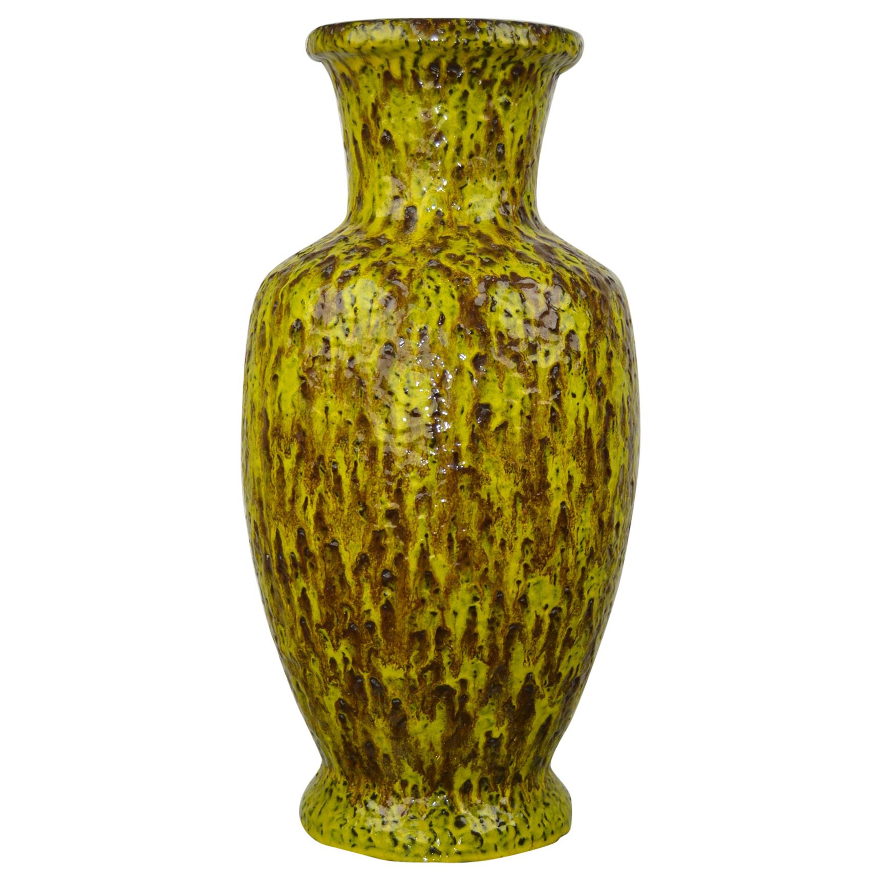 1960s Large Bay Ceramic Fat Lava Vase , Yellow, Green, Brown, Western Germany 