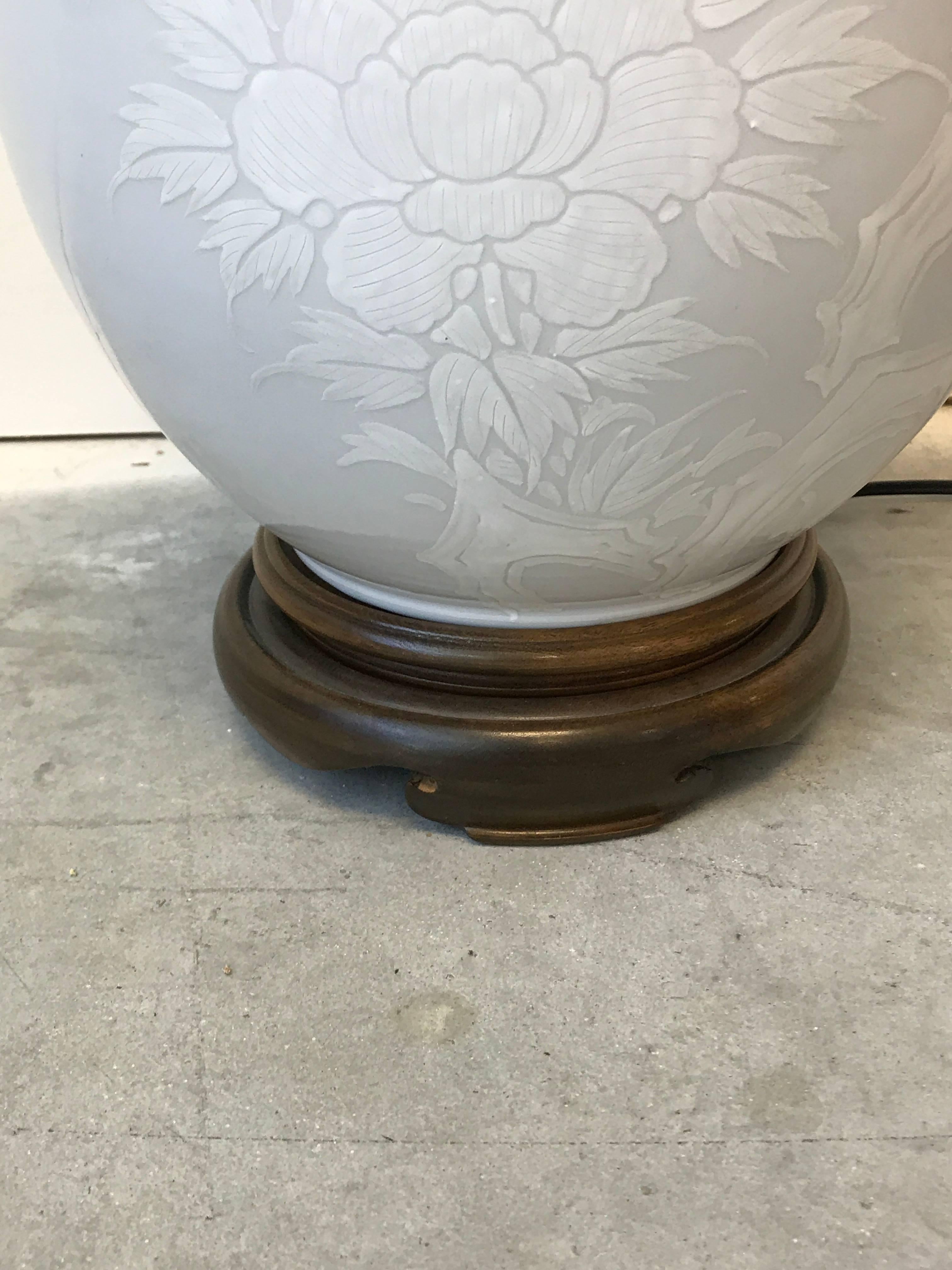20th Century 1960s Large Blanc de Chine Lamp with Hand-Painted Monochrome Floral Motif For Sale