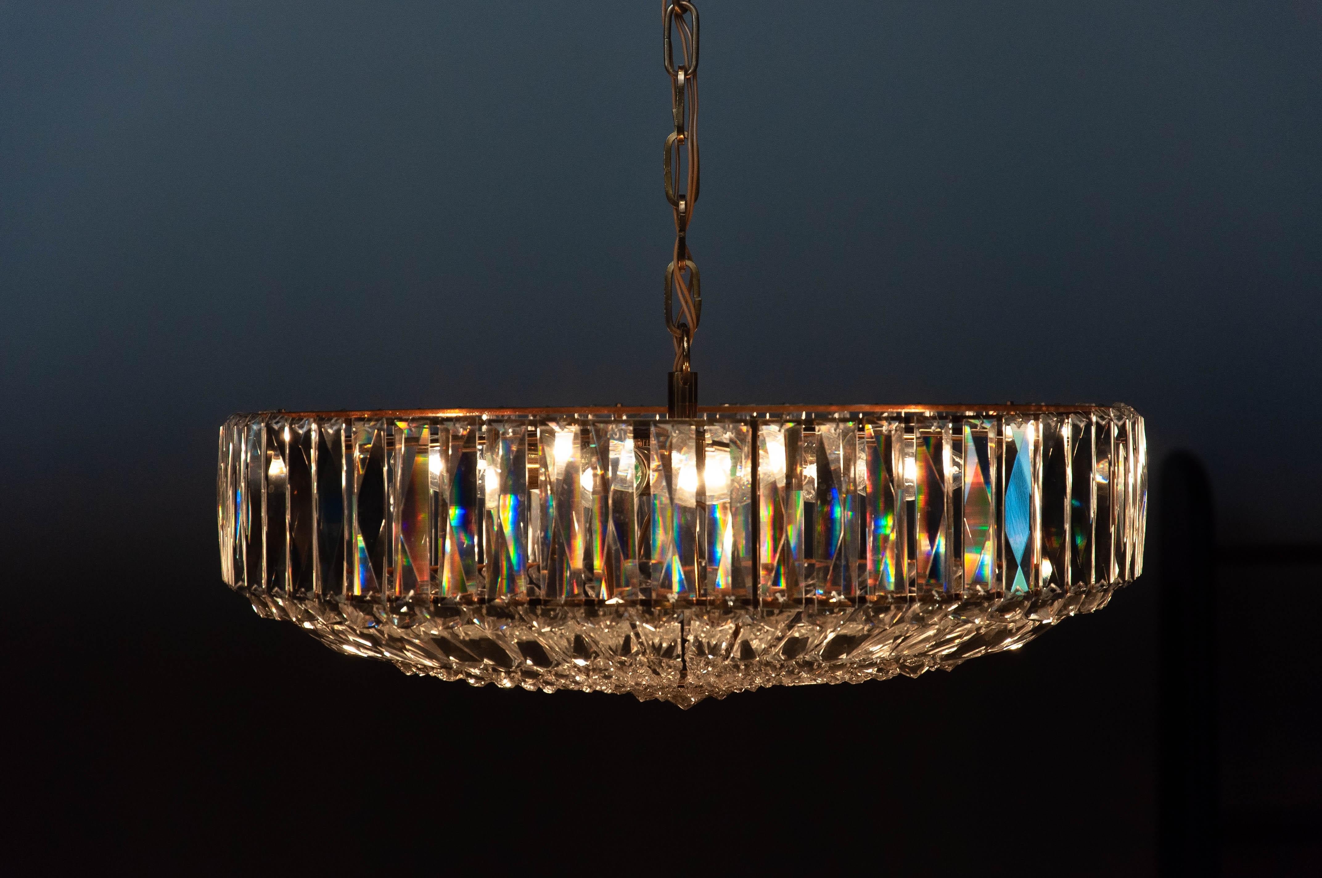 Mid-20th Century 1960's Large Brass with Faceted Crystals Chandelier Made by Bakalowits Vienna