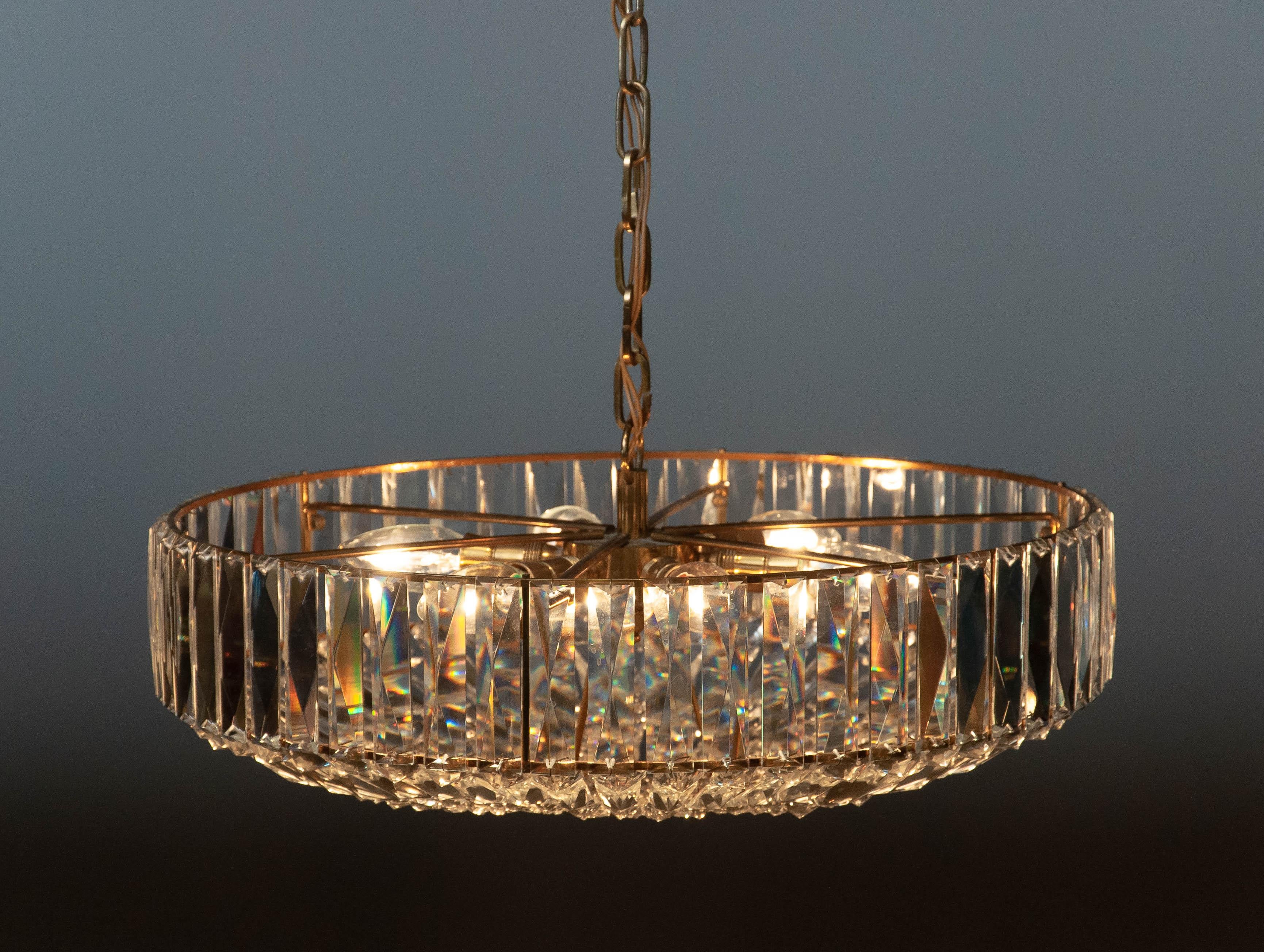 1960's Large Brass with Faceted Crystals Chandelier Made by Bakalowits Vienna 1