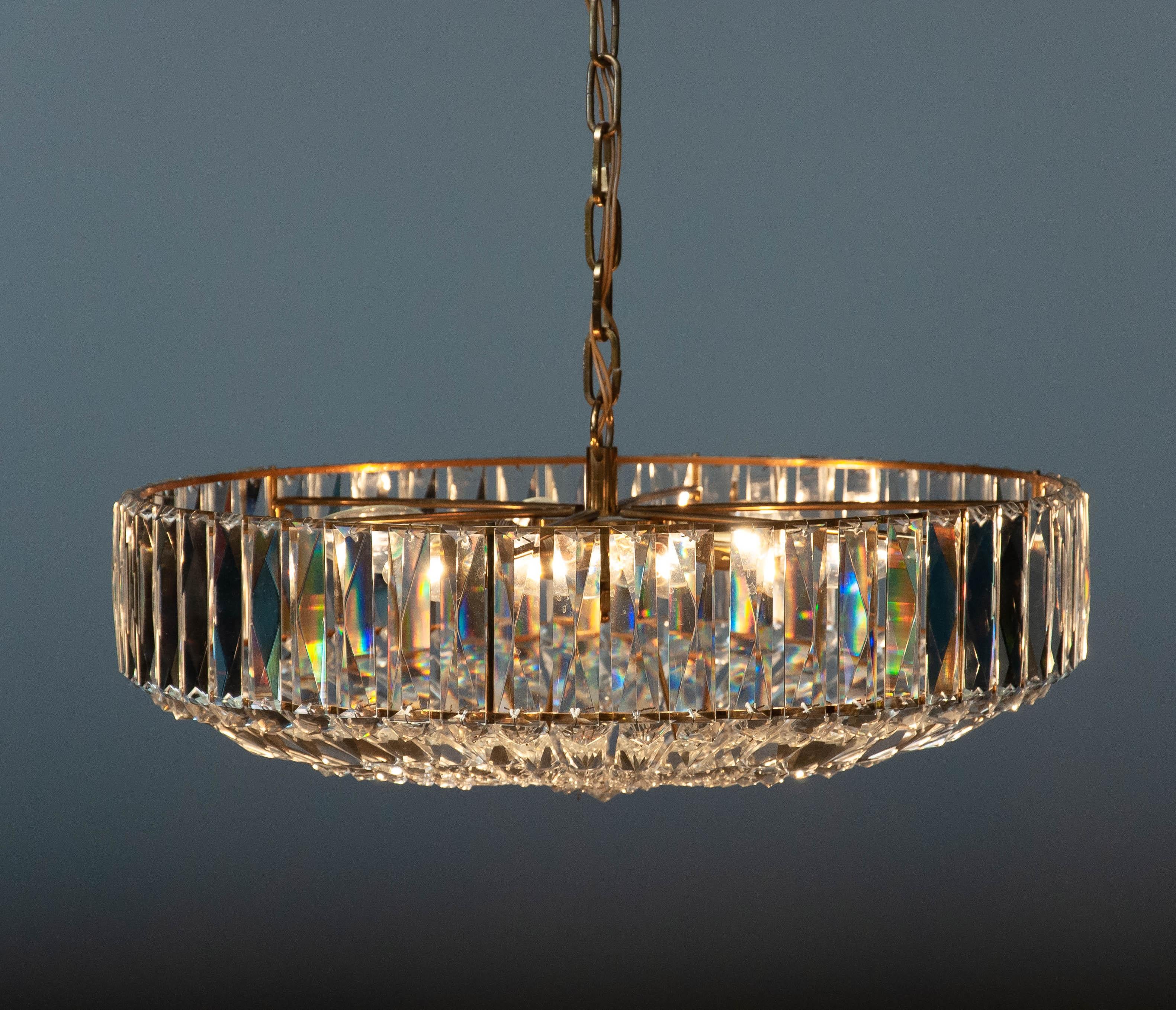 1960's Large Brass with Faceted Crystals Chandelier Made by Bakalowits Vienna 3