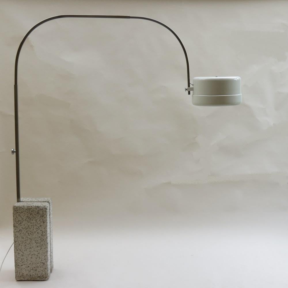 Large 1960s Brutalist Arc Lamp, probably Italian. Concrete counter weighted chiselled effect concrete base, stainless steel up and over frame, powder coated aluminium shade, the shade is in two parts and has up lights and down lights

The shade