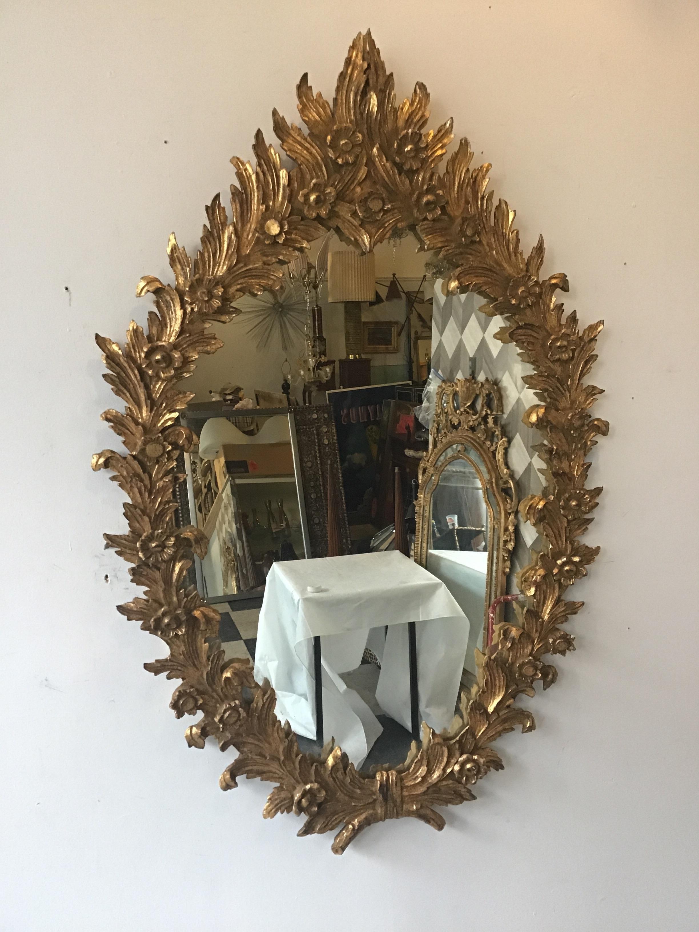 1960s Large Carved Giltwood Italian Floral Mirror ( Pair Available) In Good Condition In Tarrytown, NY