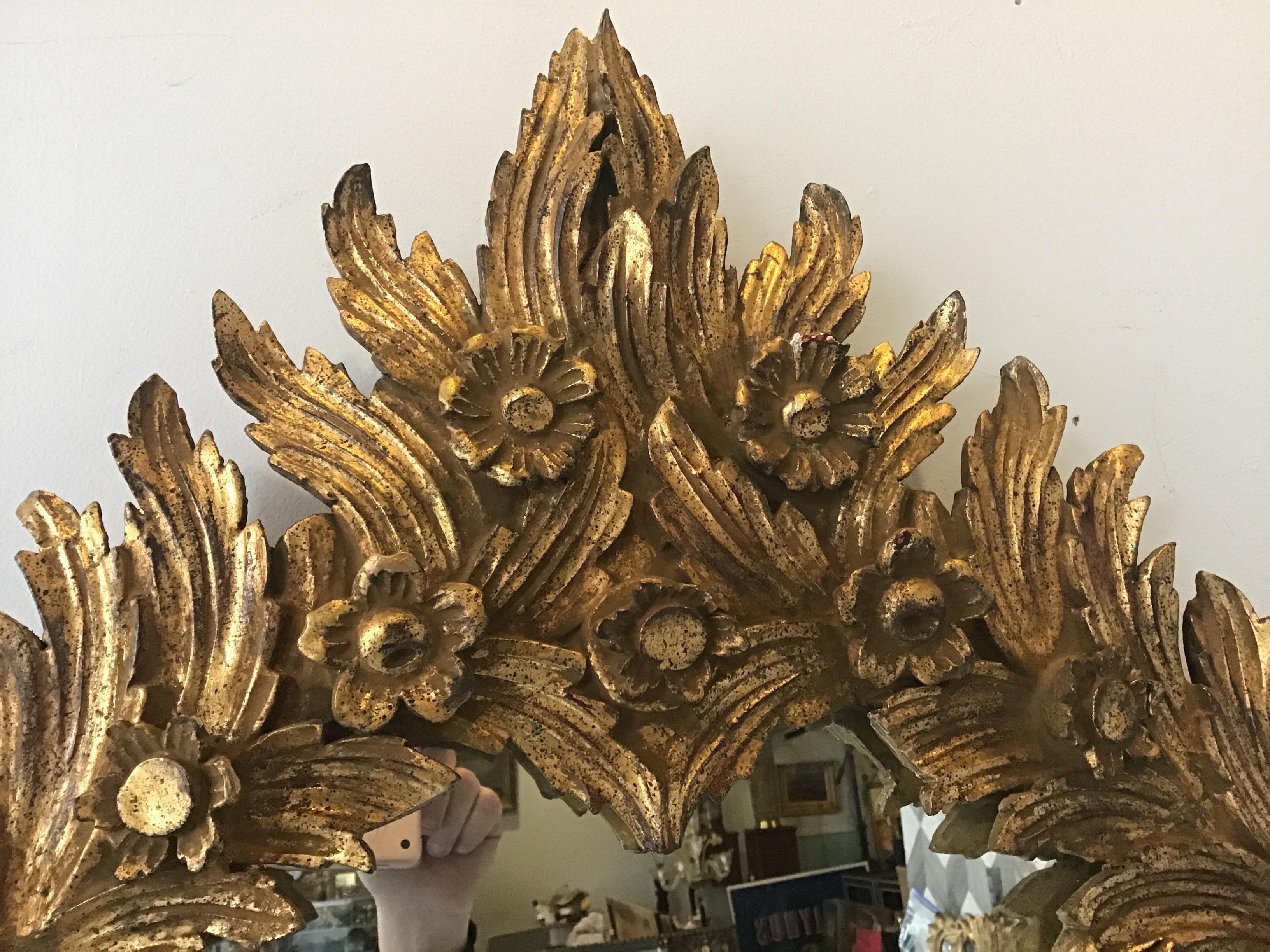 Mid-20th Century 1960s Large Carved Giltwood Italian Floral Mirror ( Pair Available)