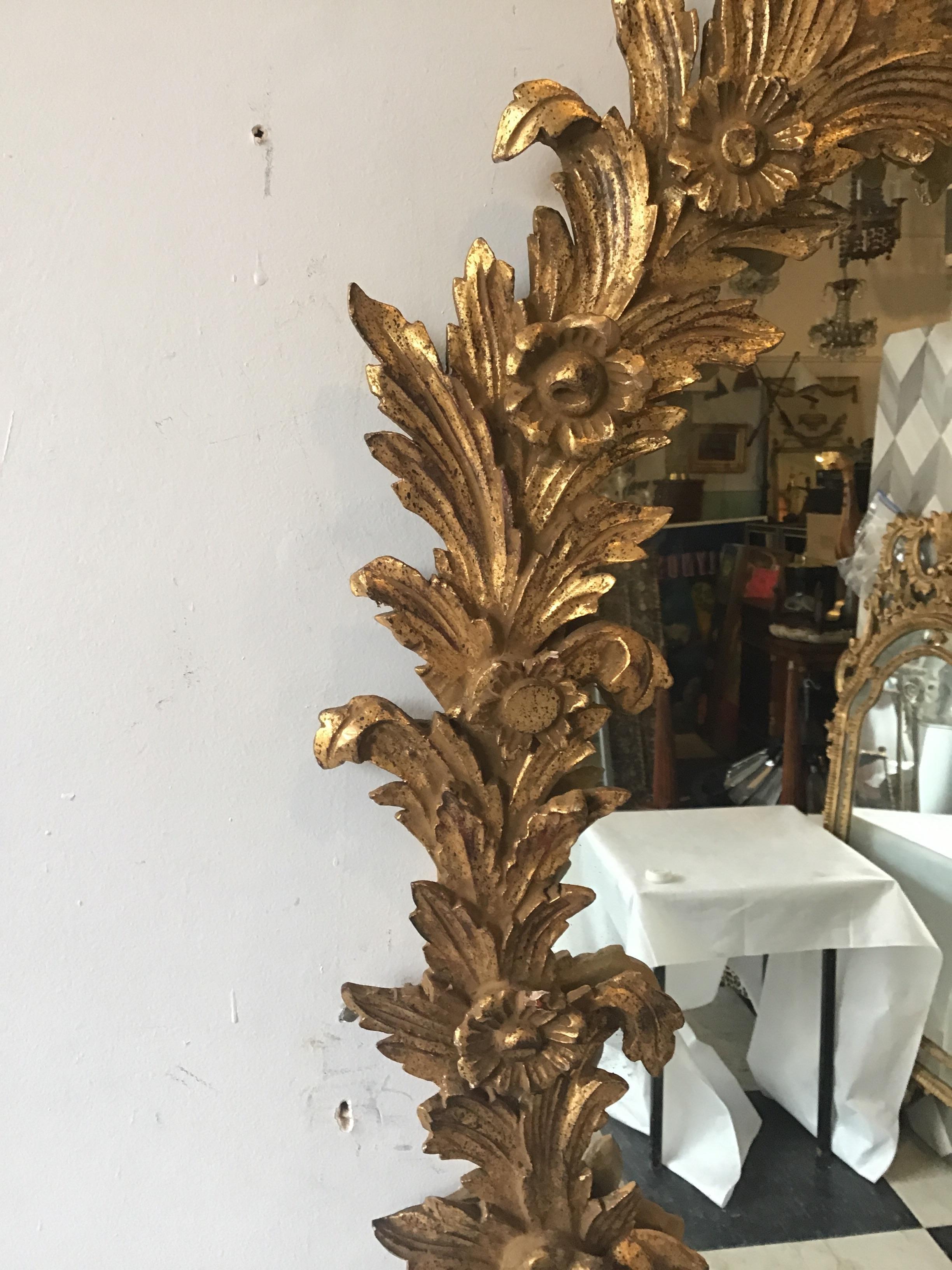 Wood 1960s Large Carved Giltwood Italian Floral Mirror ( Pair Available)
