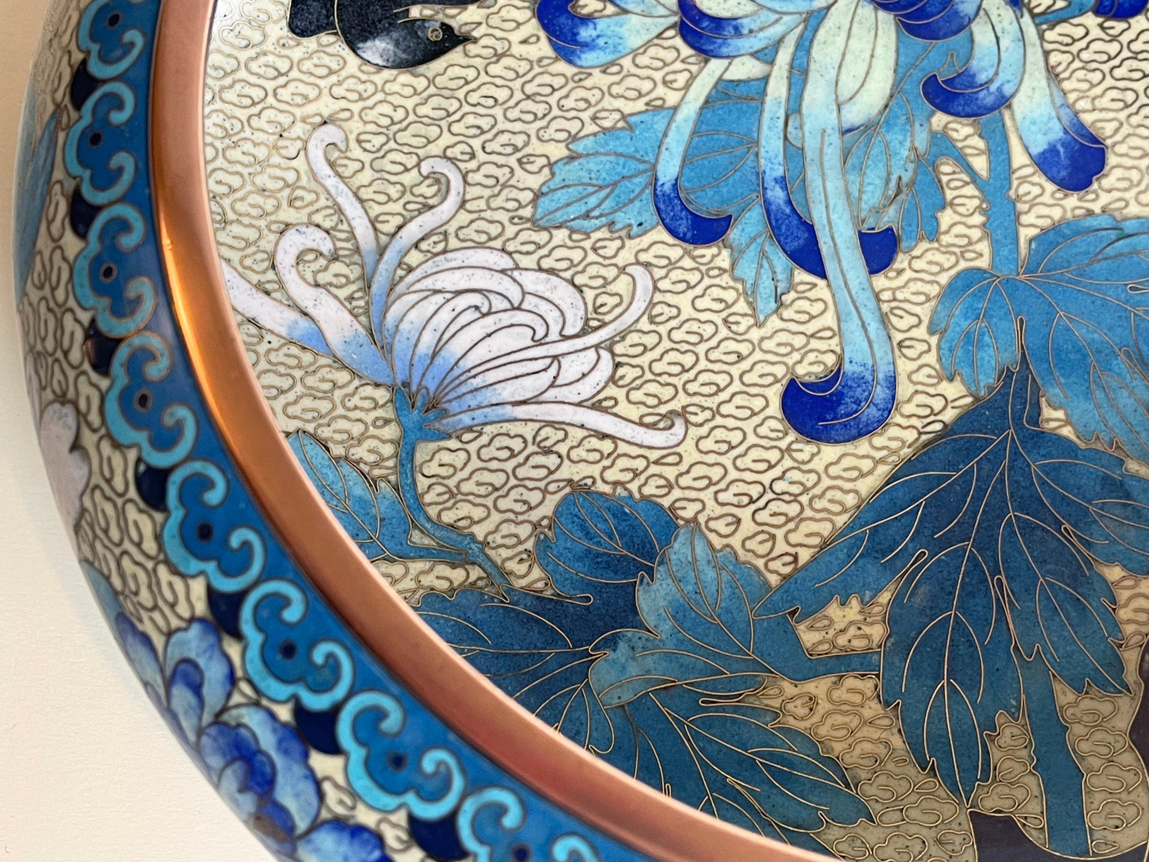 1960s Large Chinese Cloisonné Bowl Blue Beige Enamel Inlay Birds & Chrysanthemum 3