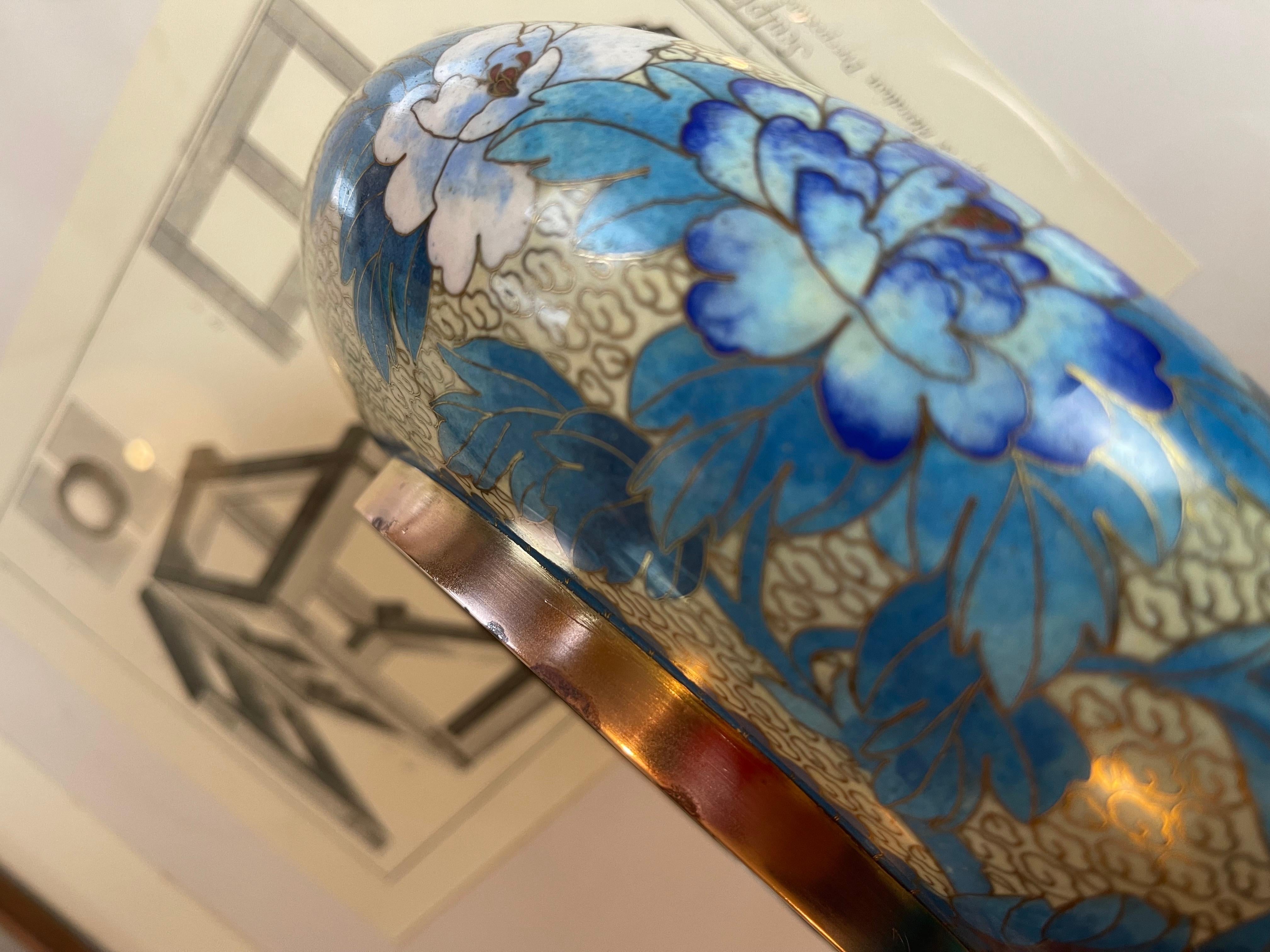 1960s Large Chinese Cloisonné Bowl Blue Beige Enamel Inlay Birds & Chrysanthemum 6