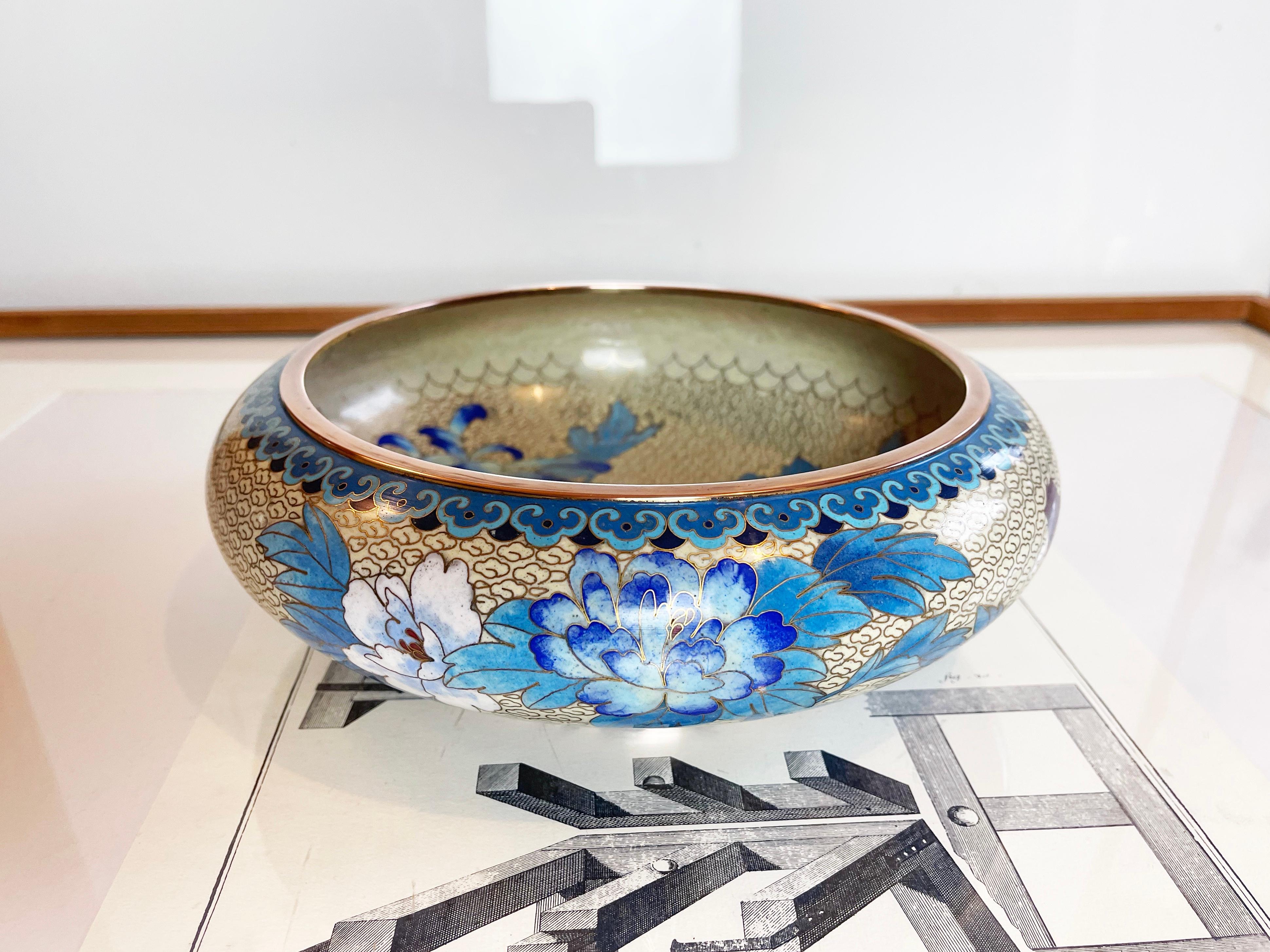 Chinese Export 1960s Large Chinese Cloisonné Bowl Blue Beige Enamel Inlay Birds & Chrysanthemum