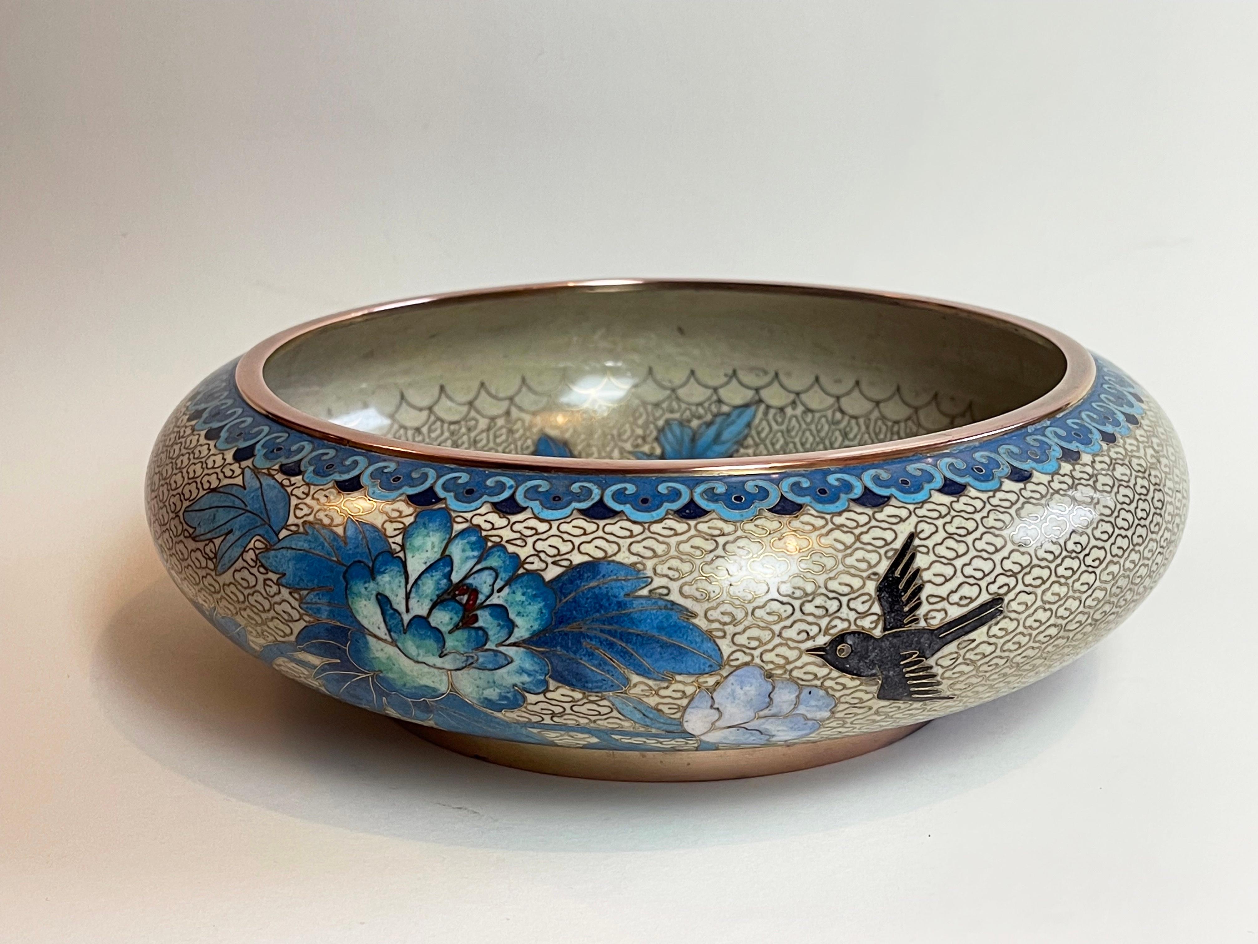 Hand-Crafted 1960s Large Chinese Cloisonné Bowl Blue Beige Enamel Inlay Birds & Chrysanthemum