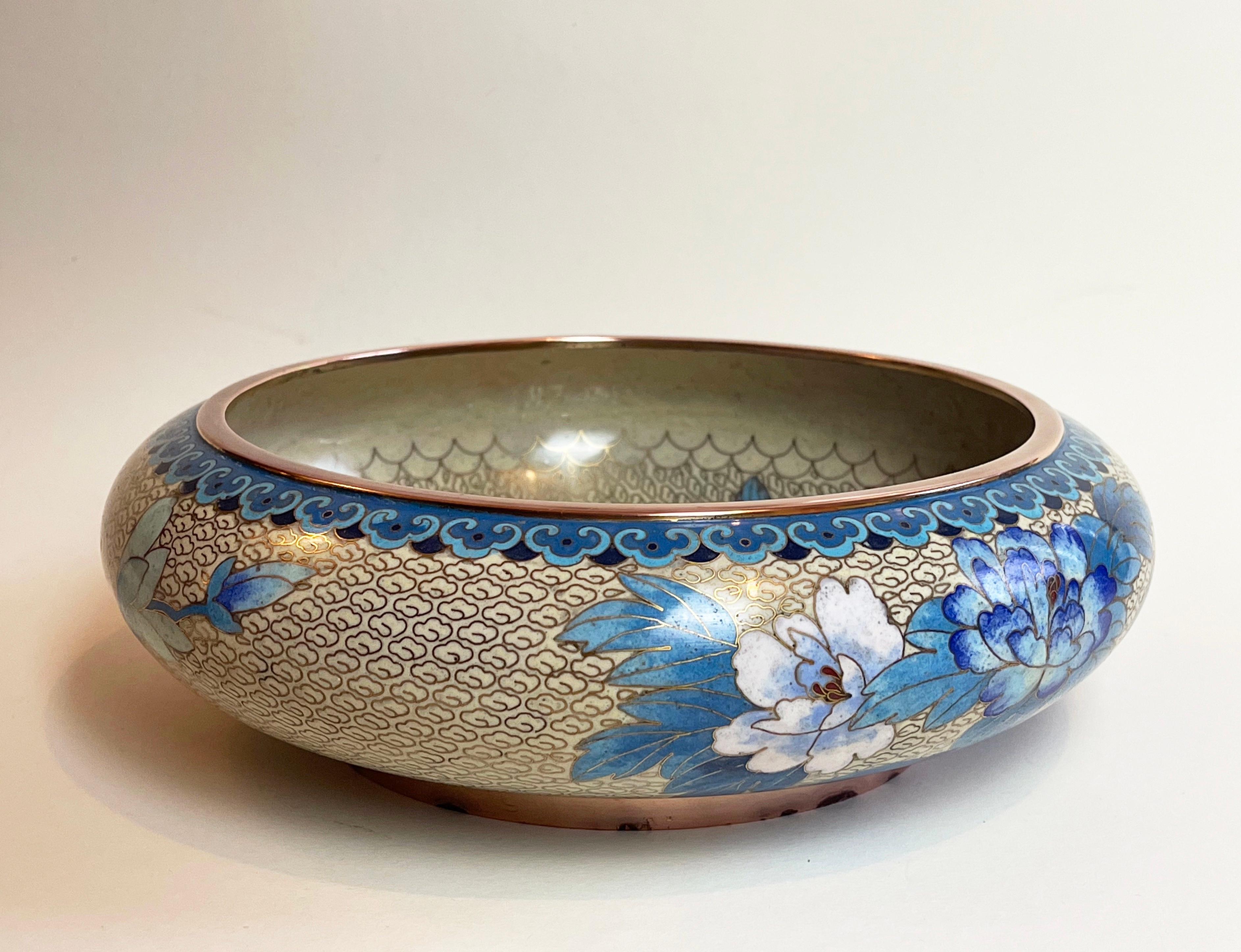 20th Century 1960s Large Chinese Cloisonné Bowl Blue Beige Enamel Inlay Birds & Chrysanthemum