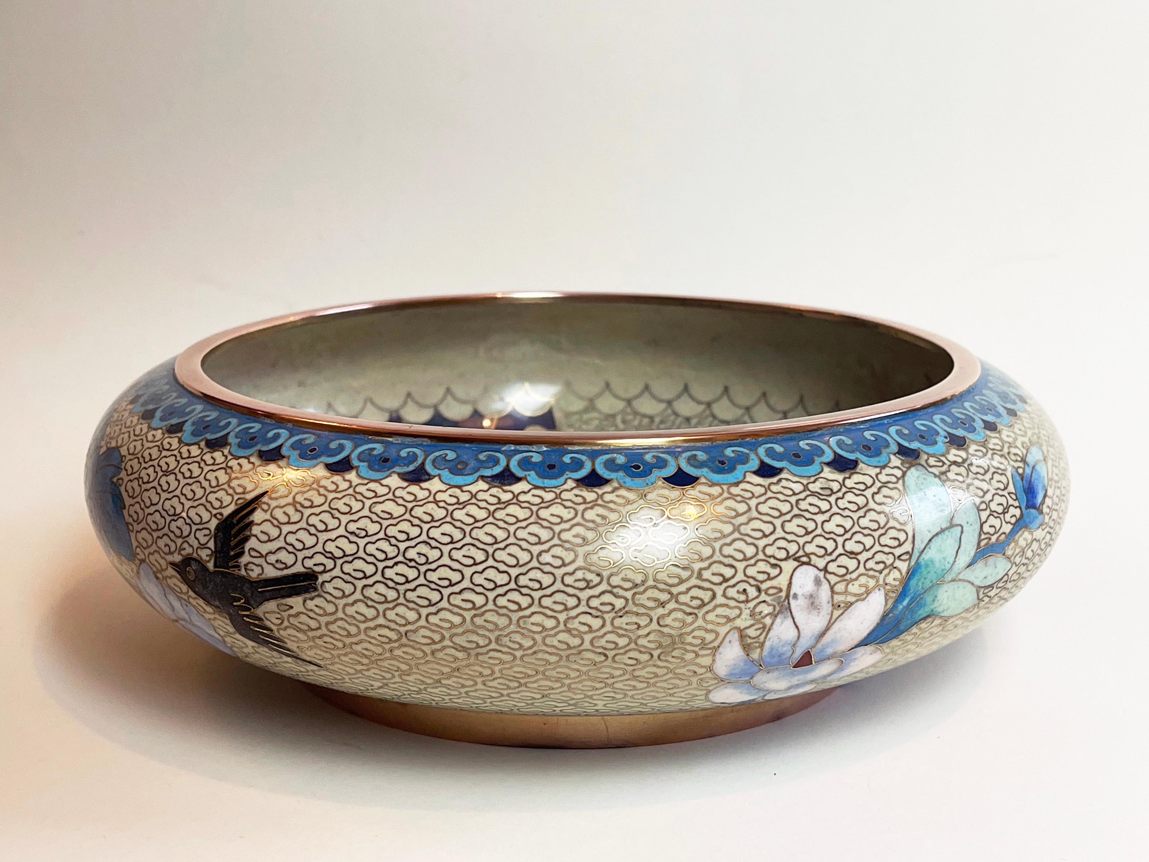 Brass 1960s Large Chinese Cloisonné Bowl Blue Beige Enamel Inlay Birds & Chrysanthemum