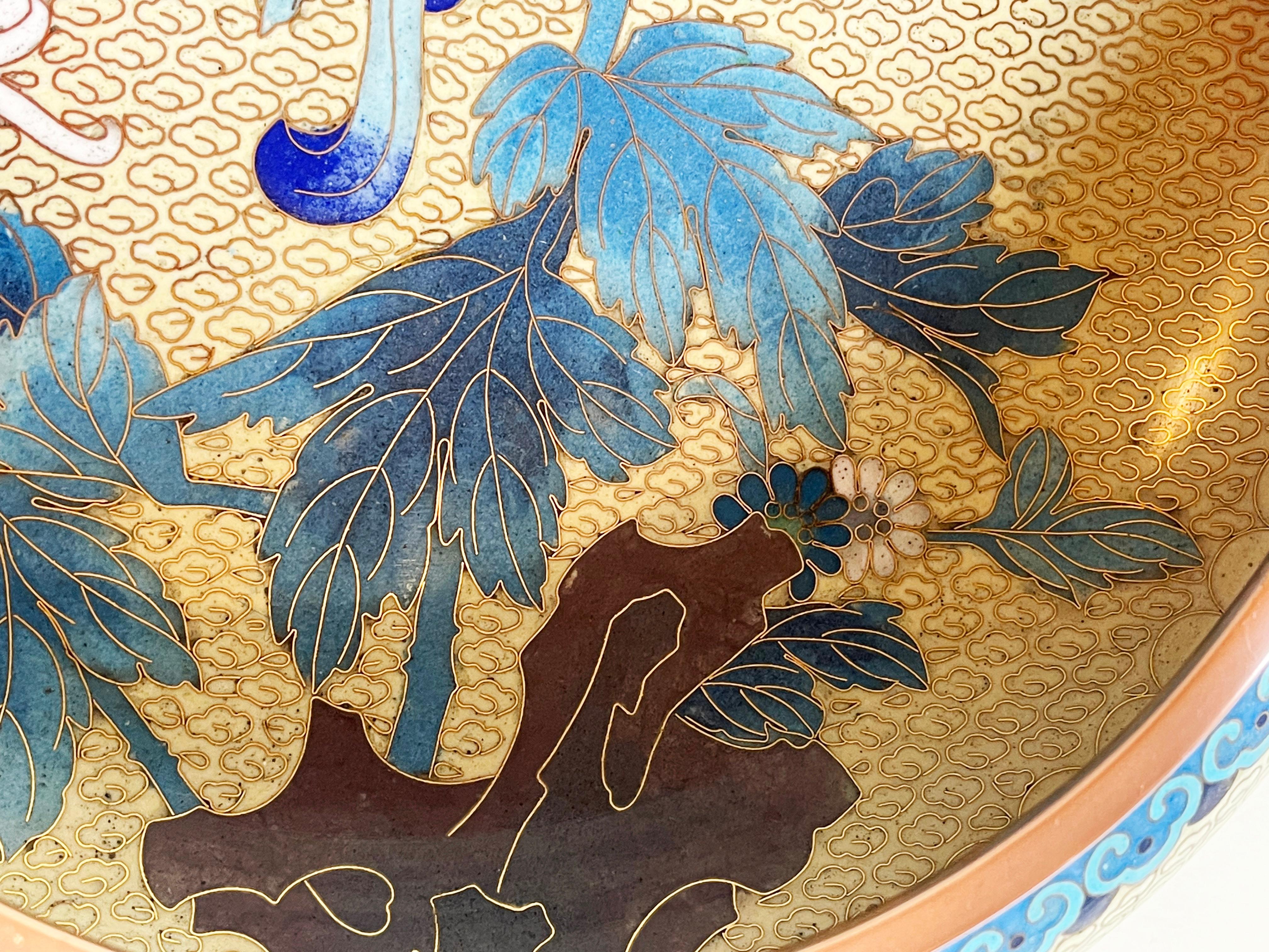 1960s Large Chinese Cloisonné Bowl Blue Beige Enamel Inlay Birds & Chrysanthemum 2