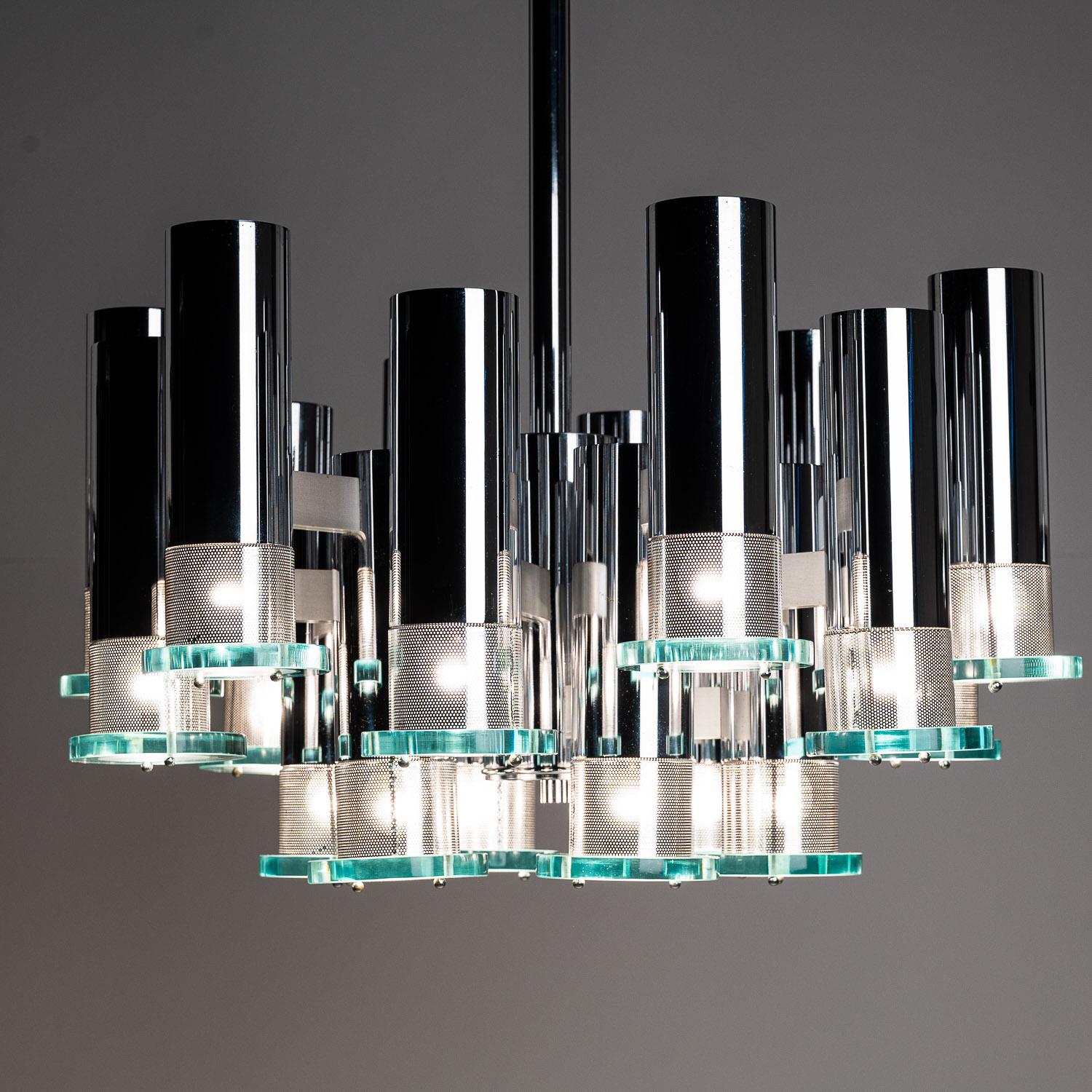 1960's Large Chrome & Thick Glass Chandelier Attributed to Fontana Arte For Sale 12