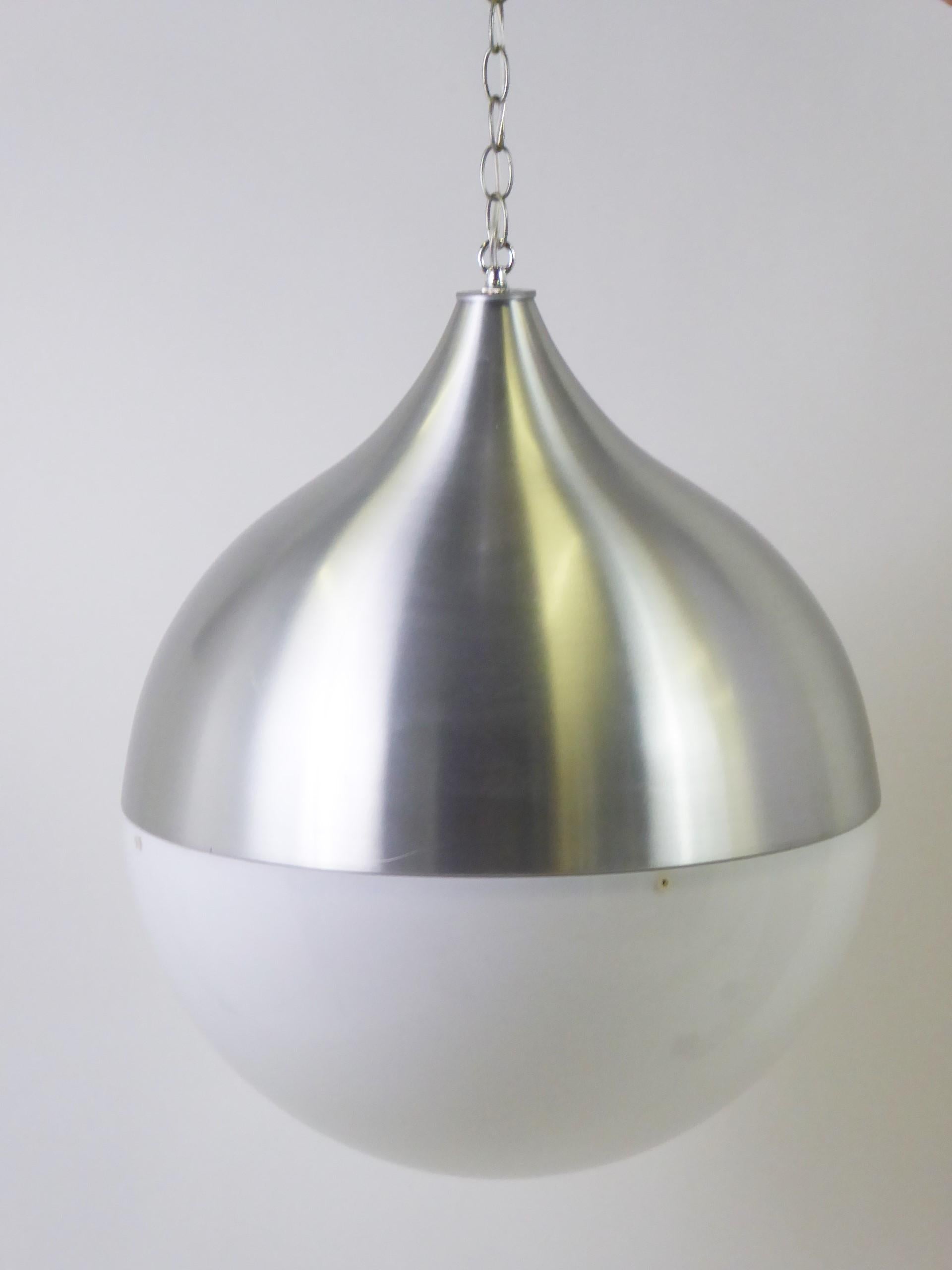 Large Danish globe chandelier with a brushed aluminum Hershey's Kiss shaped dome top over a white acrylic dome bottom. Taking a single medium base bulb, it has a new UL socket and wiring. The acrylic bottom has tiny buttons that slide on a track in