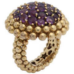 Vintage 1960s Large Faceted Amethyst Cluster with Gold Pellets Unusual Cocktail Ring