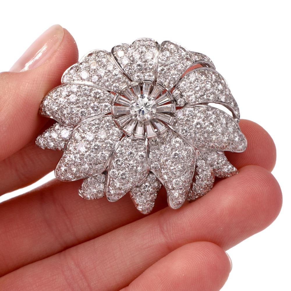 1960s Large Floral Diamond Platinum Lapel Brooch In Excellent Condition In Miami, FL