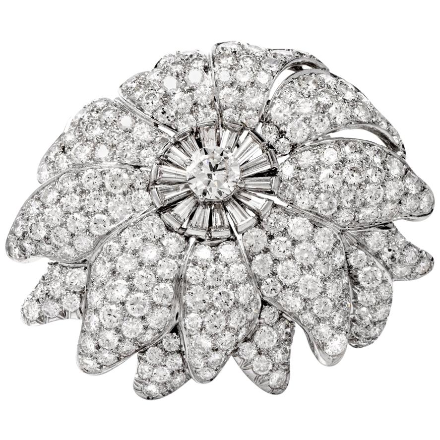 1960s Large Floral Diamond Platinum Lapel Brooch