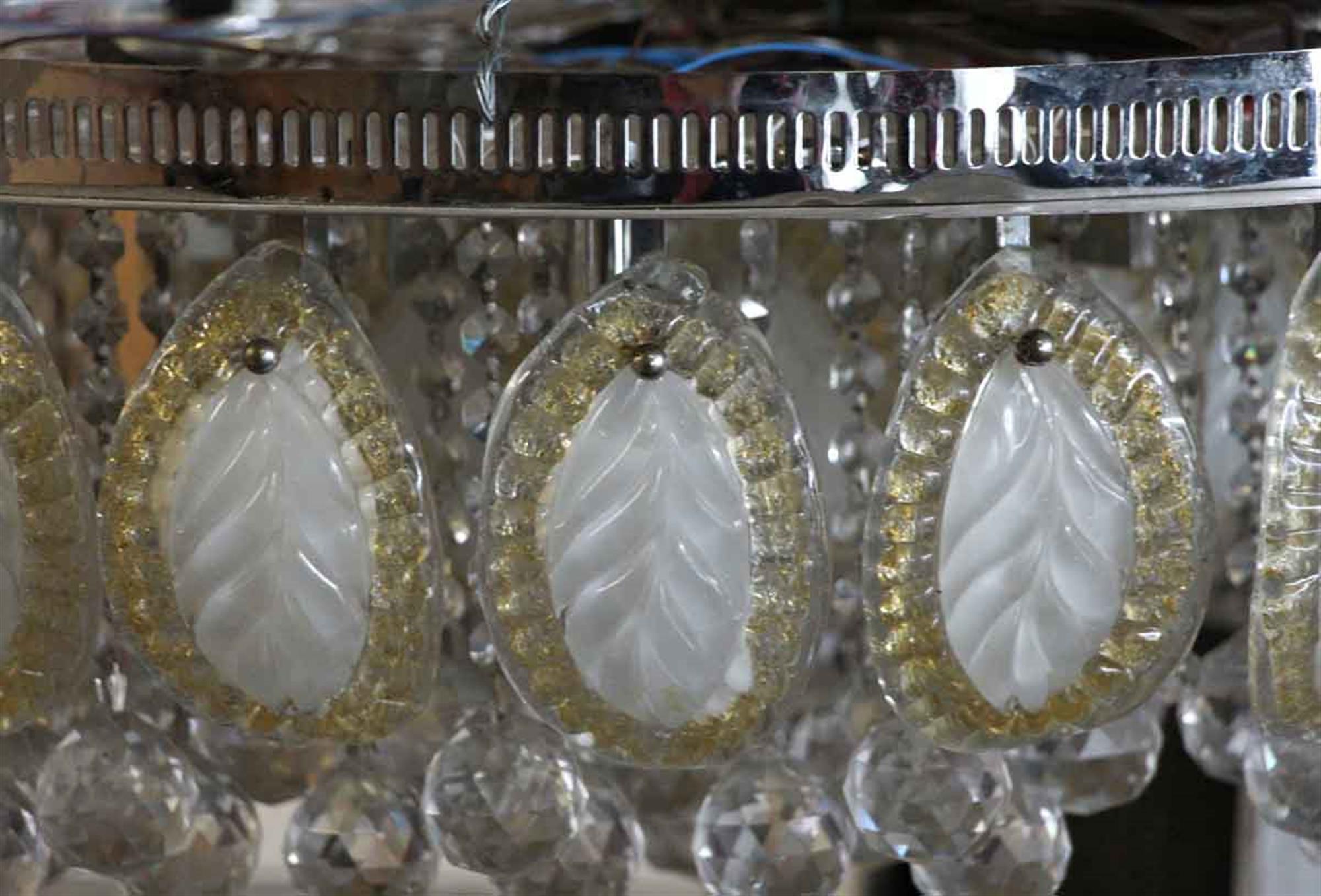 1960s oversized flush mount ballroom light with glass leaves and faceted crystals. Matching sconces available. Several available at time of posting. Please inquire. Priced each. This can be seen at our 400 Gilligan St location in Scranton, PA.