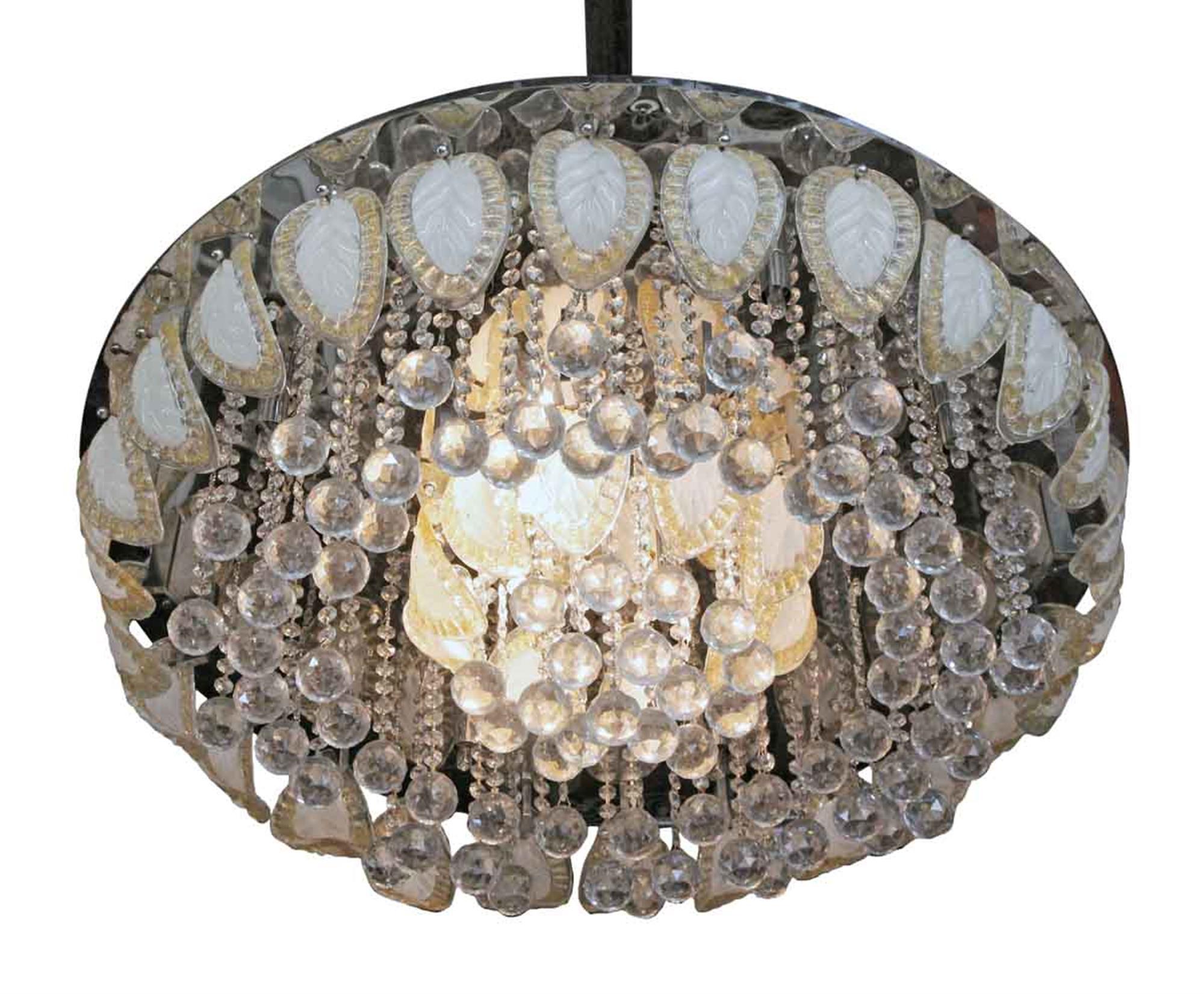 American 1960s Large Flush Mount Ballroom Chandelier with Glass Leaves a Faceted Crystals
