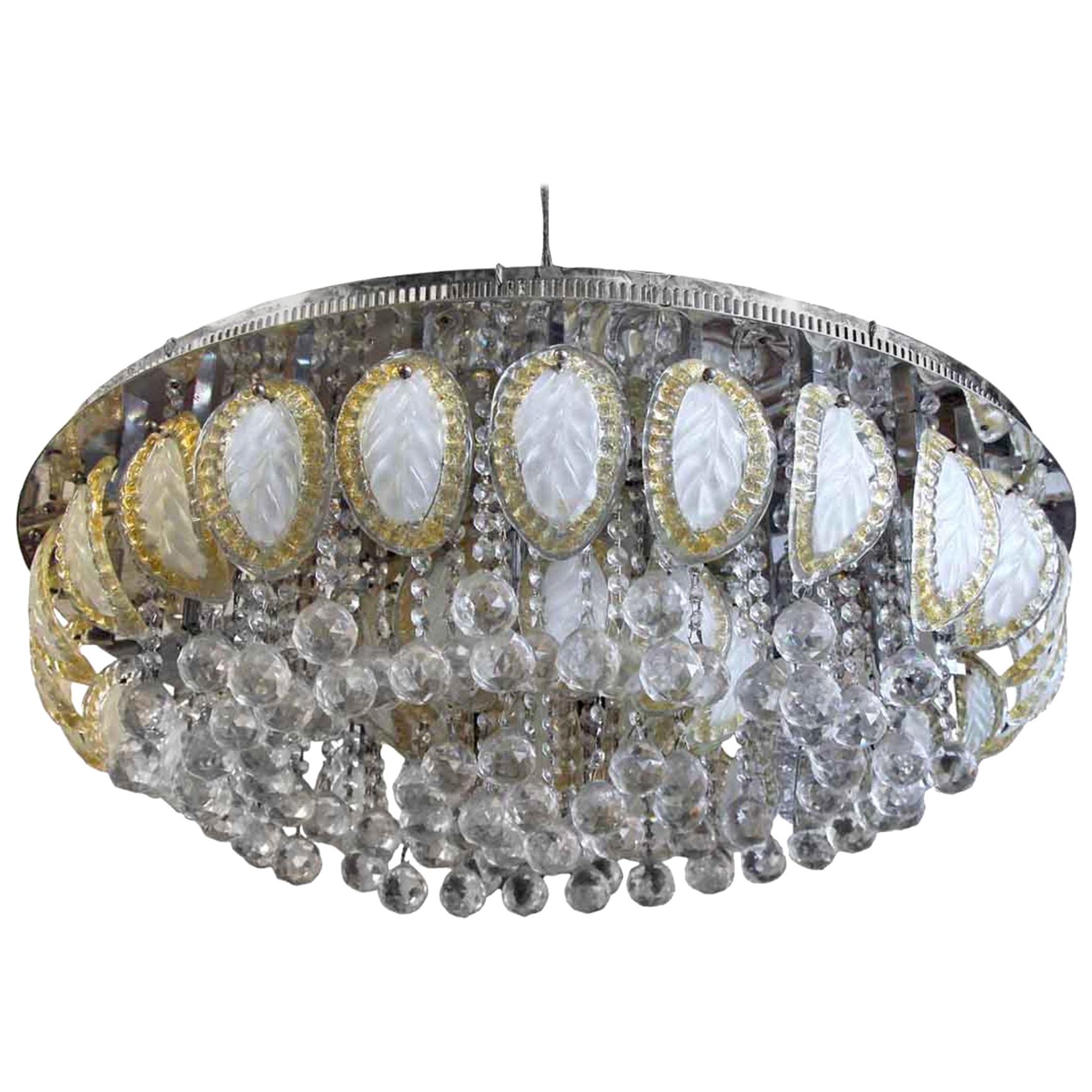 1960s Large Flush Mount Ballroom Chandelier with Glass Leaves a Faceted Crystals