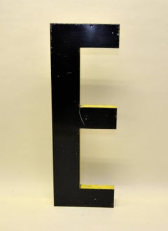 1960s Large French Black Vintage Metal Capital Letter E with Yellow Profile
