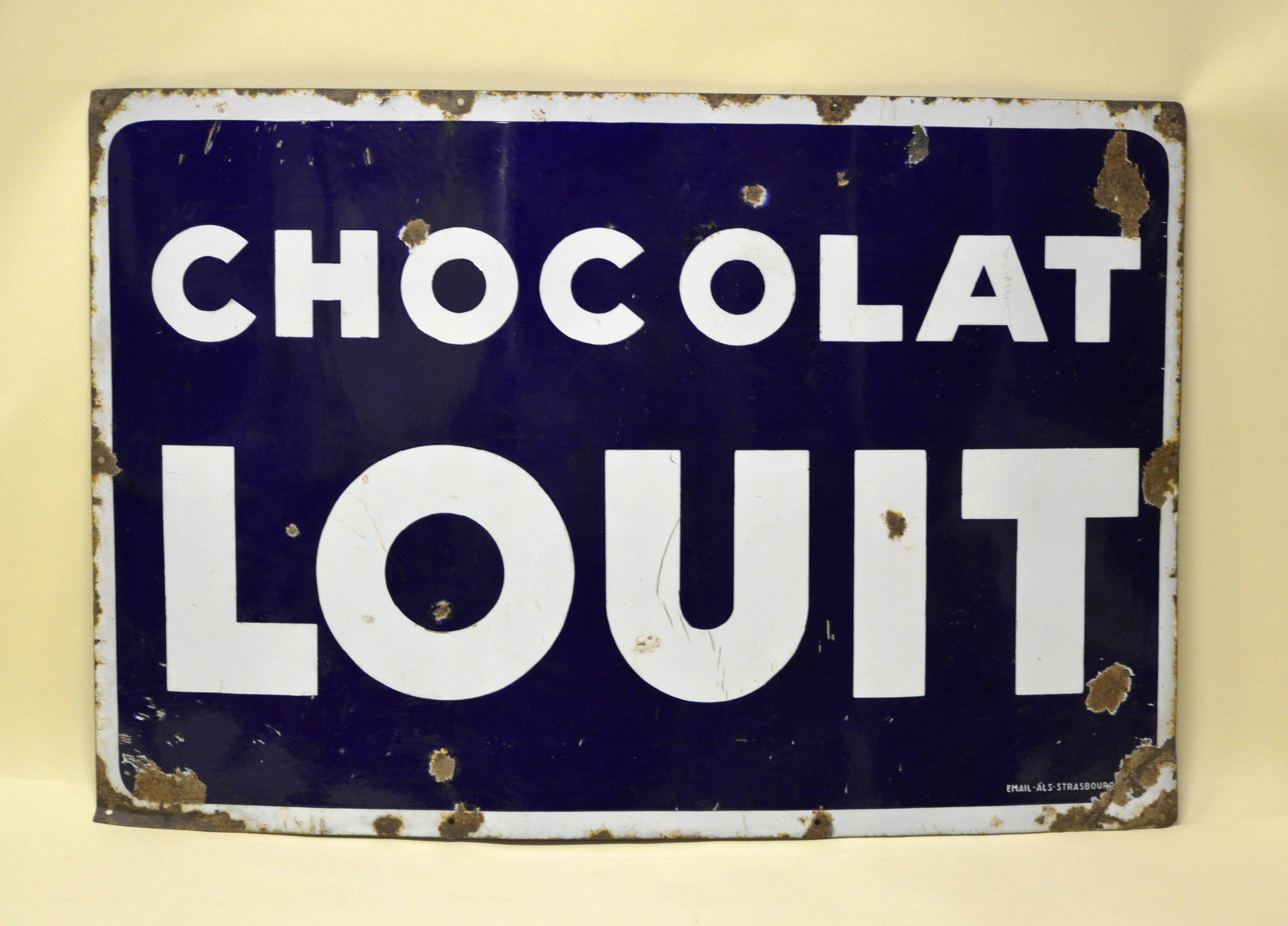 1960s large French blue and white enamel metal Chocolate Louit sign. Made in Strasbourg.