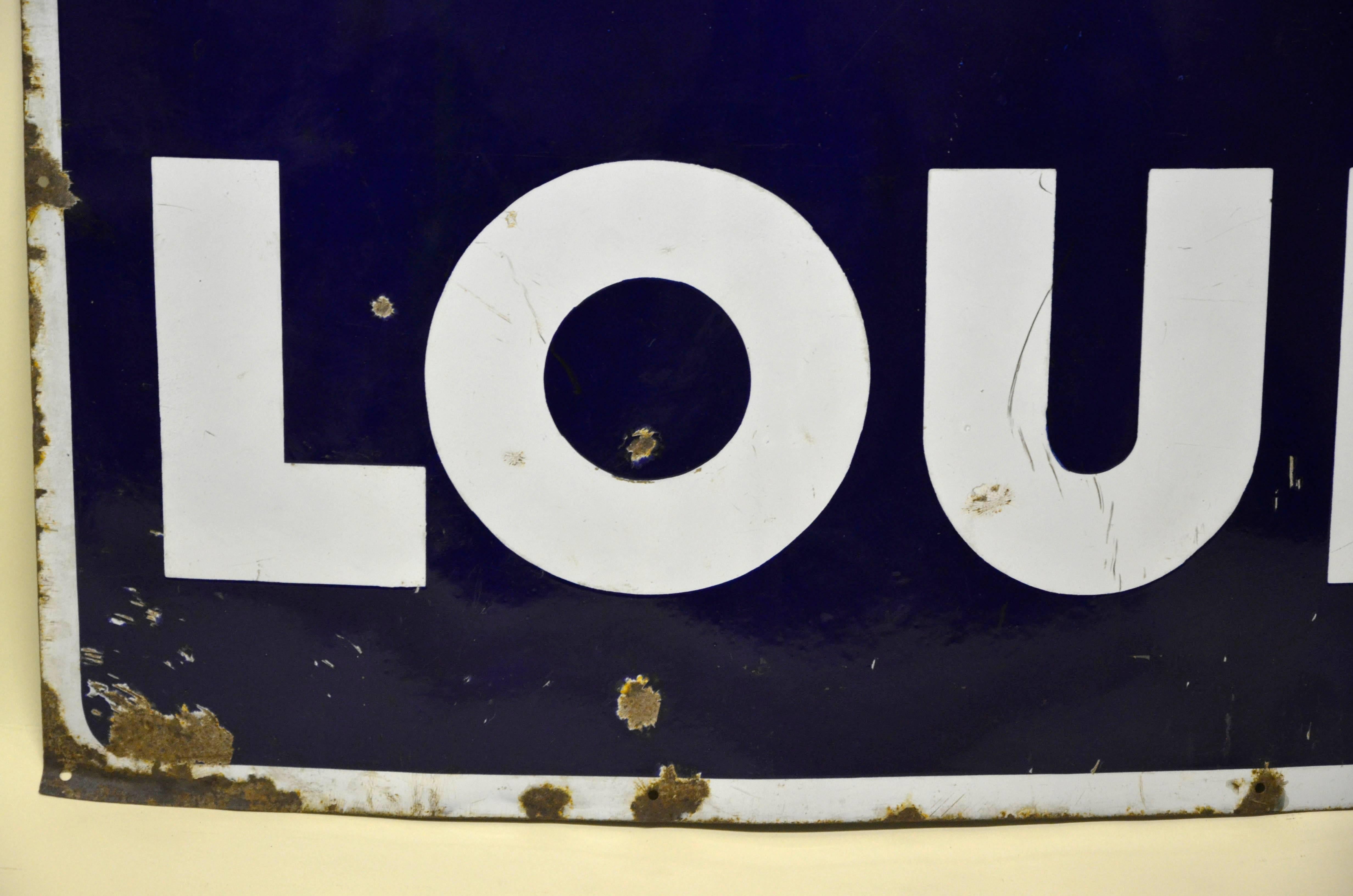 1960s Large French Blue and White Enamel Metal Chocolat Louit Sign 2