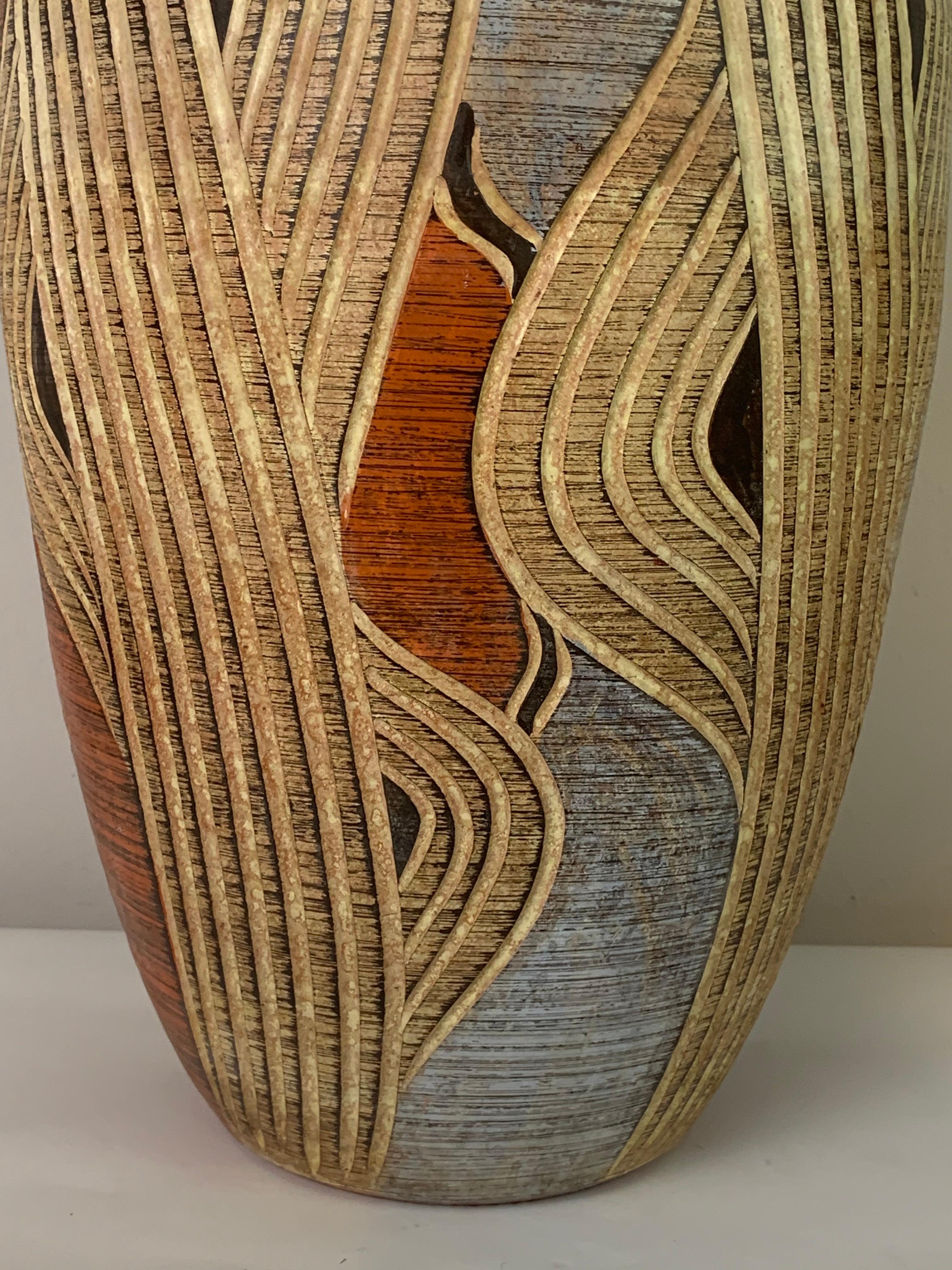 Large vintage pottery ceramic floor vase designed by Franz Schwaderlapp and produced by Sawa Ceramic in Germany during the 1960s. The vase is inscribed on the clay base 