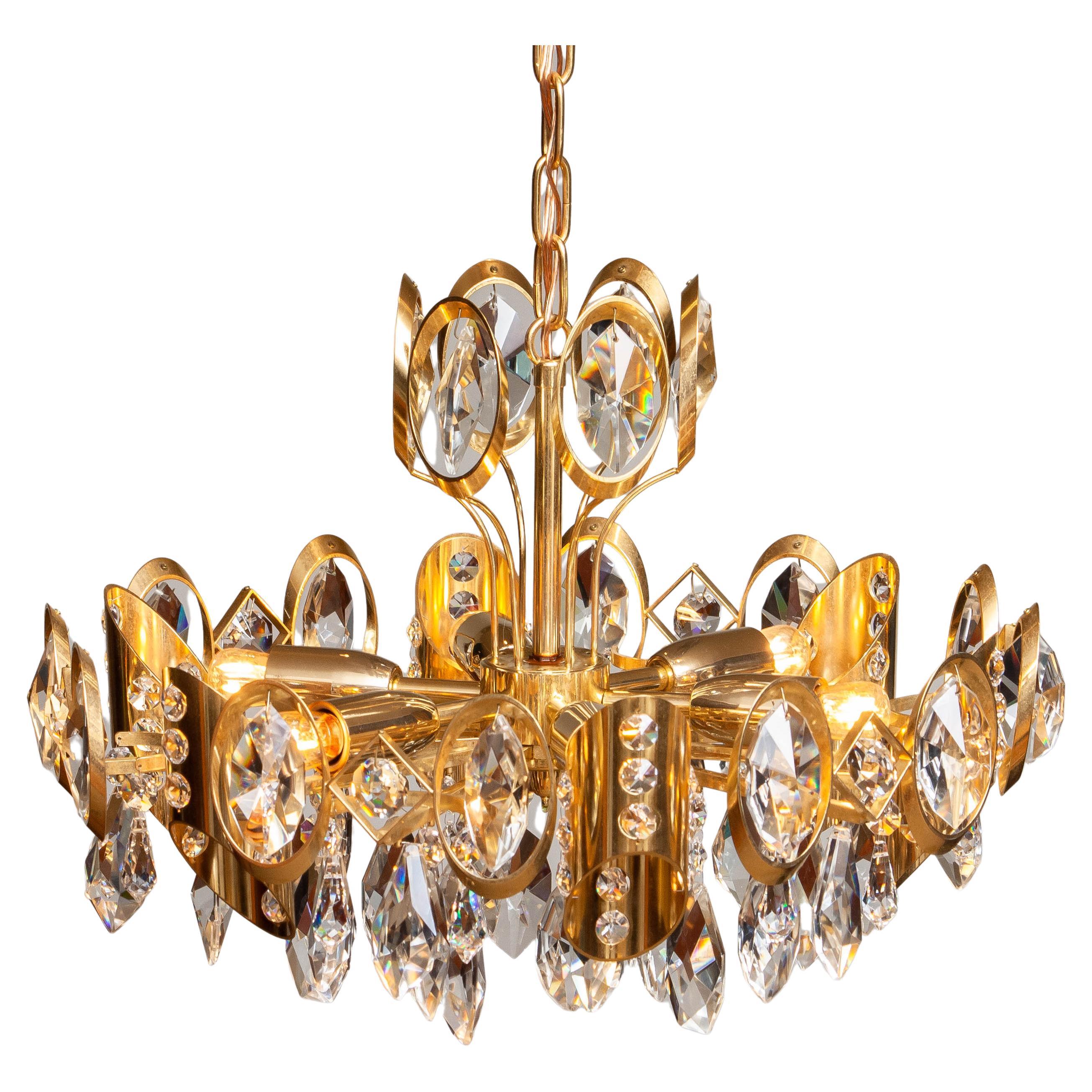 1960s Large Gilt Brass and Faceted Crystals Chandelier by Ernest Palme, Austria