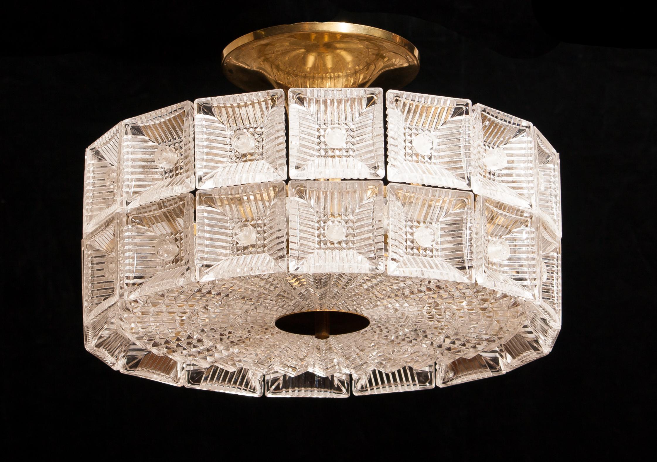 1960s, Large Glass and Brass Ceiling Lamp by Carl Fagerlund for Orrefors 5