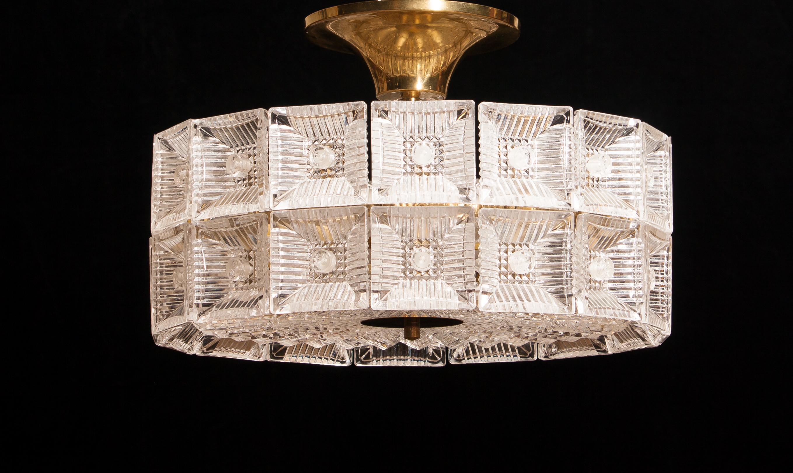 1960s, Large Glass and Brass Ceiling Lamp by Carl Fagerlund for Orrefors 5