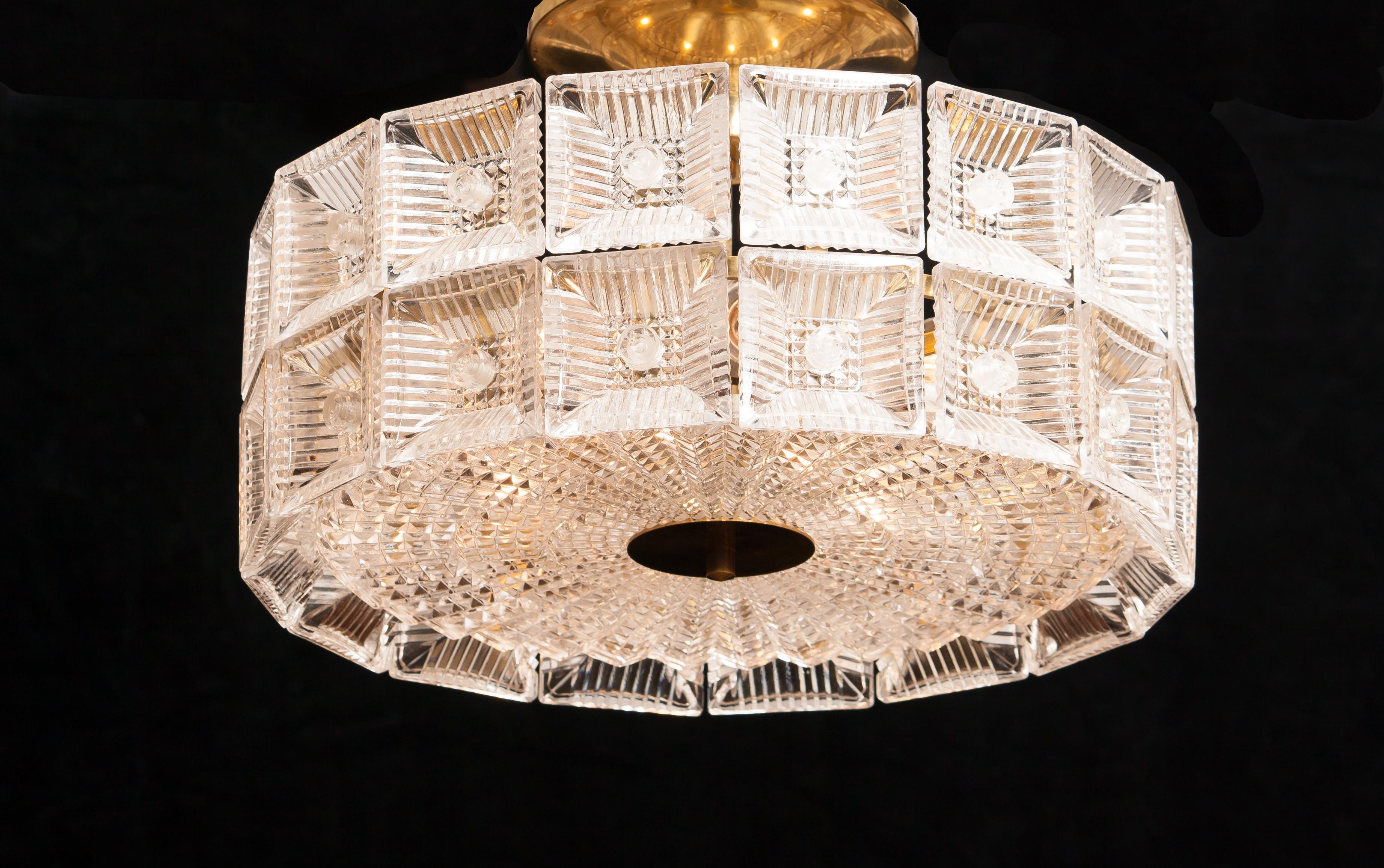 Swedish 1960s, Large Glass and Brass Ceiling Lamp by Carl Fagerlund for Orrefors