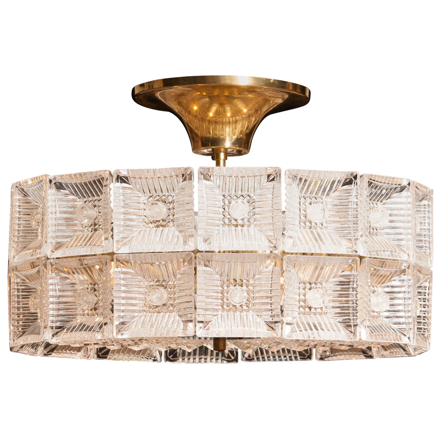 Swedish 1960s, Large Glass and Brass Ceiling Lamp by Carl Fagerlund for Orrefors