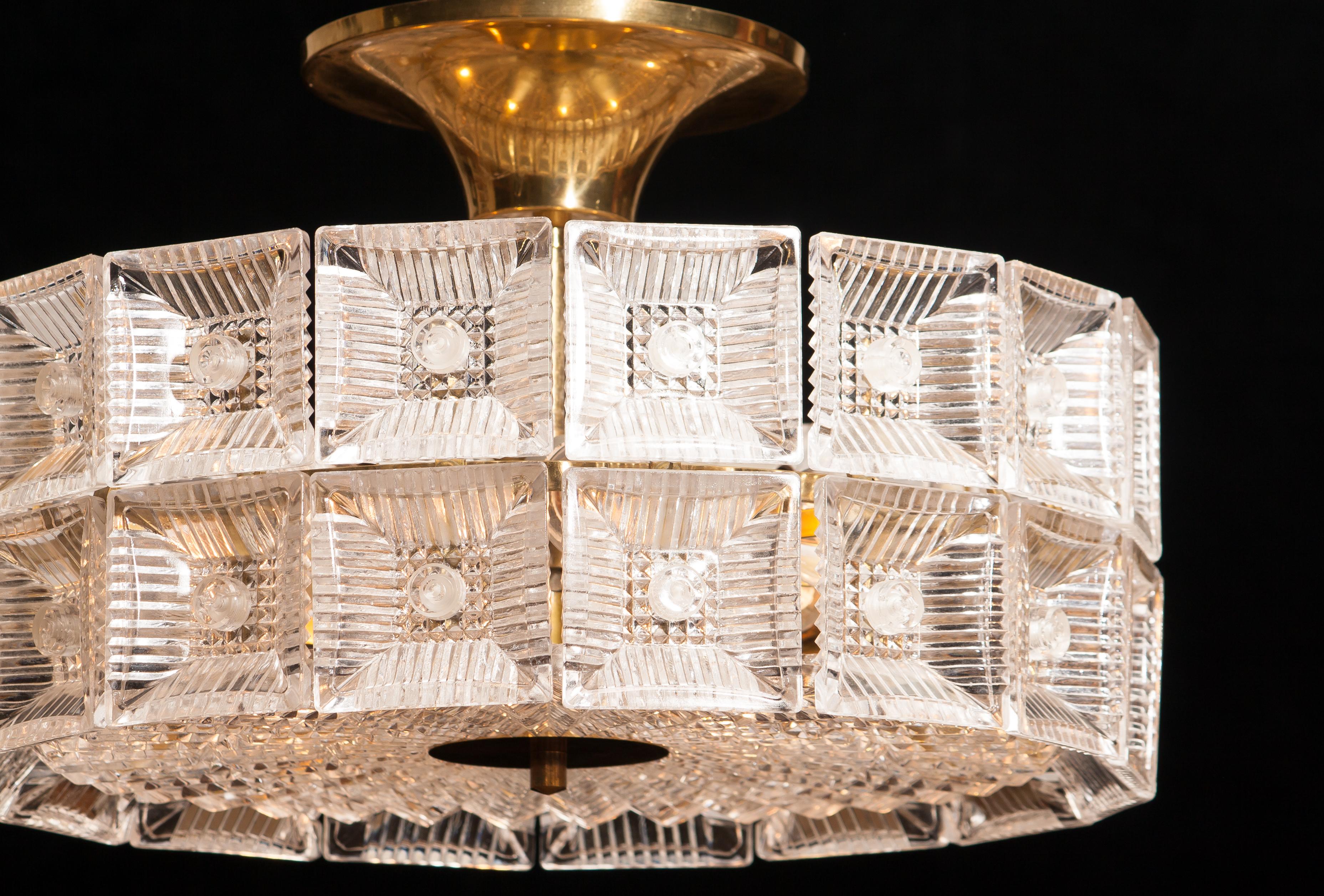1960s, Large Glass and Brass Ceiling Lamp by Carl Fagerlund for Orrefors In Excellent Condition In Silvolde, Gelderland