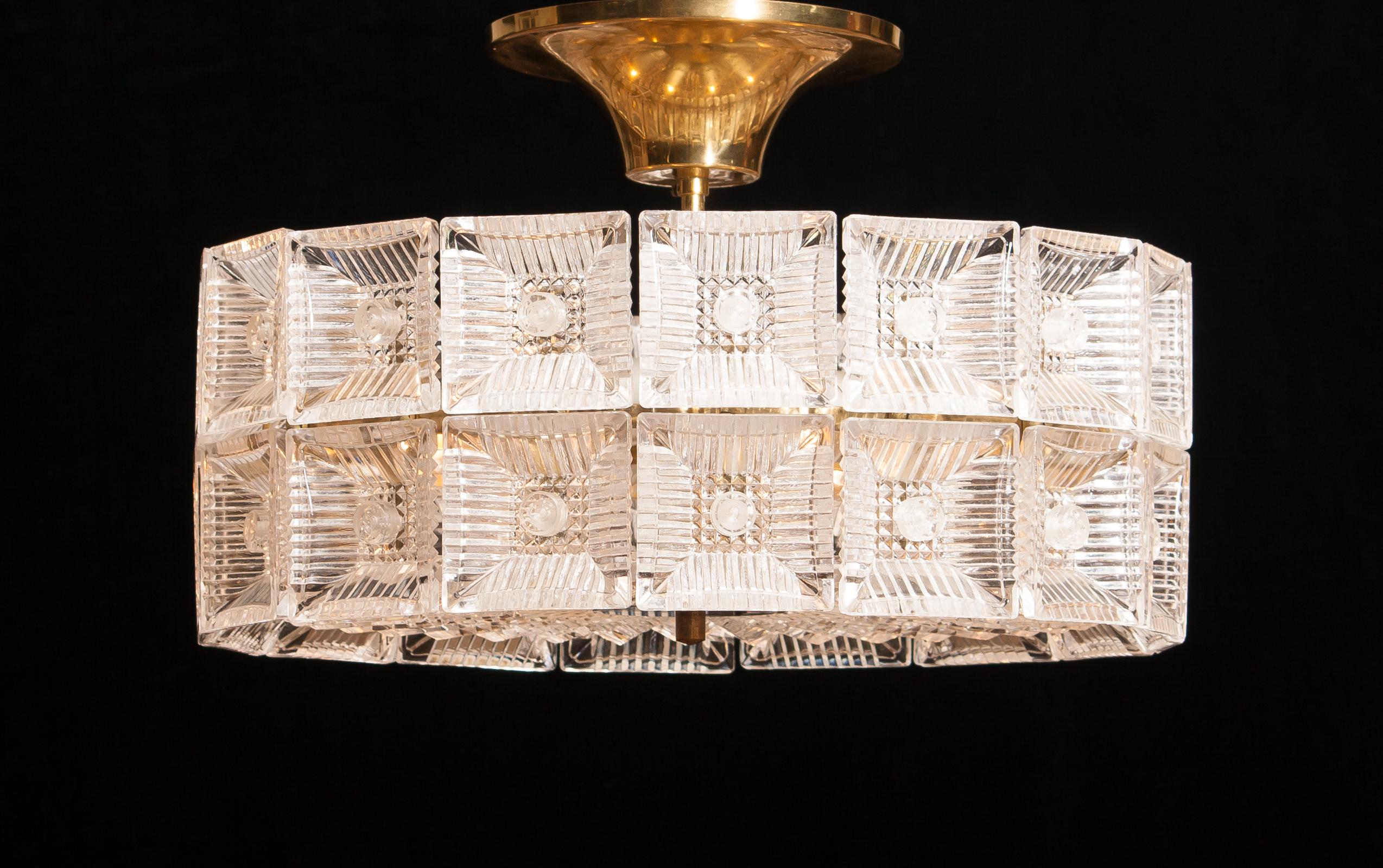 1960s, Large Glass and Brass Ceiling Lamp by Carl Fagerlund for Orrefors 1