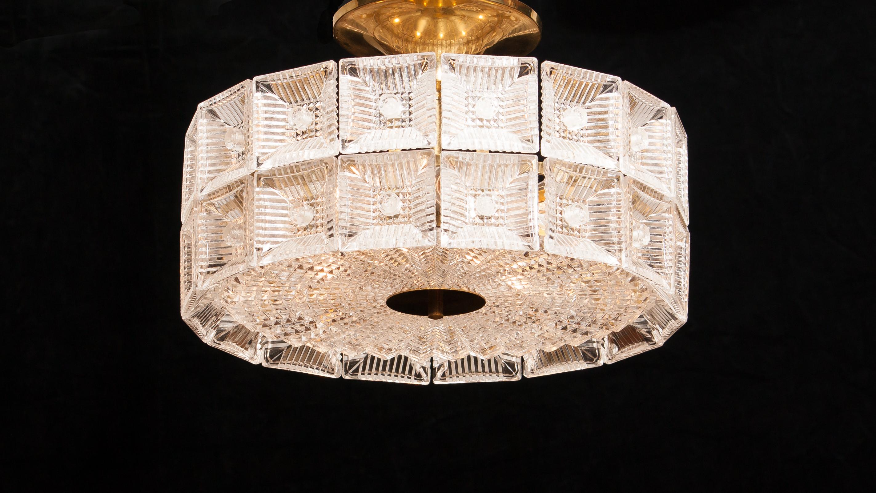 1960s, Large Glass and Brass Ceiling Lamp by Carl Fagerlund for Orrefors 2
