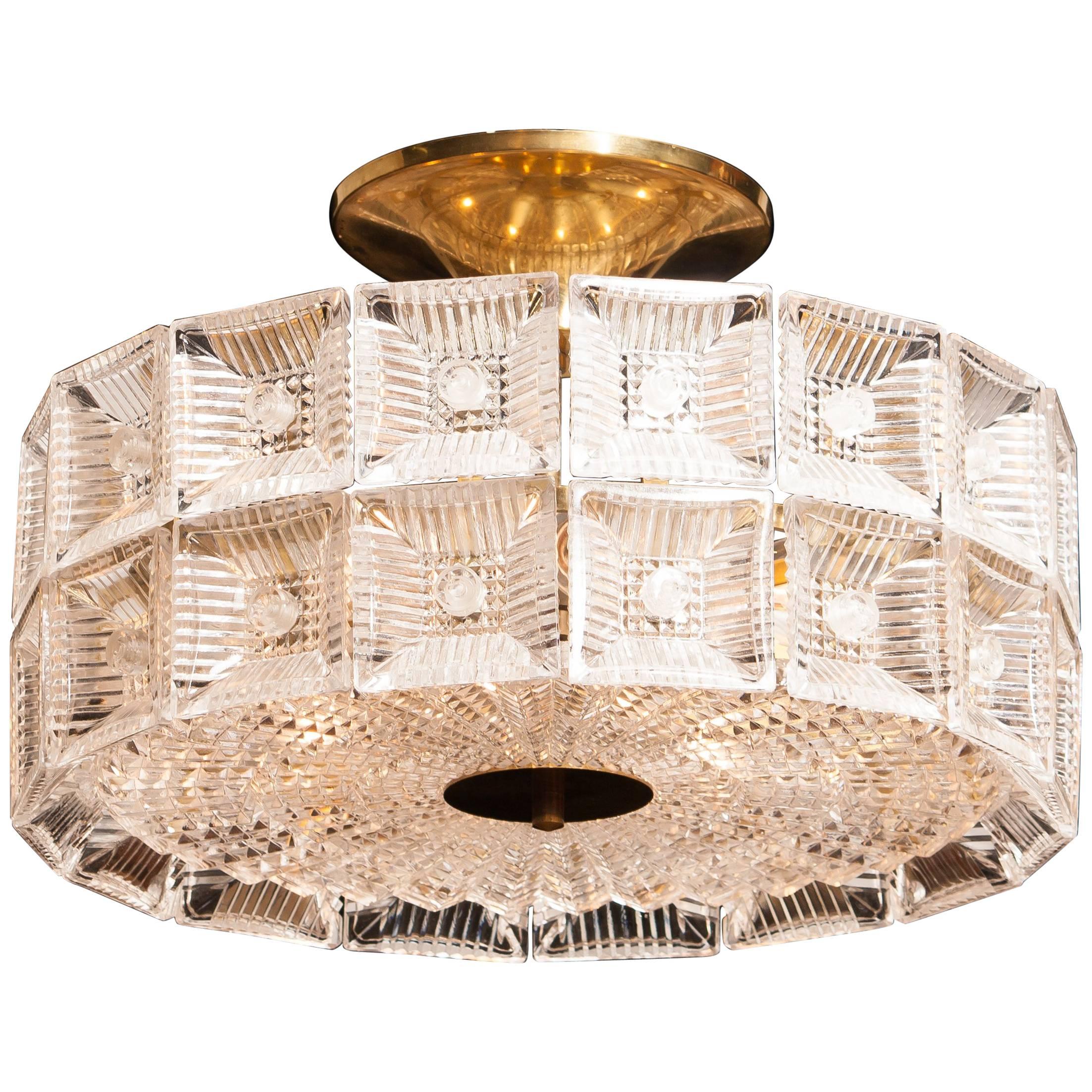 1960s, Large Glass and Brass Ceiling Lamp by Carl Fagerlund for Orrefors