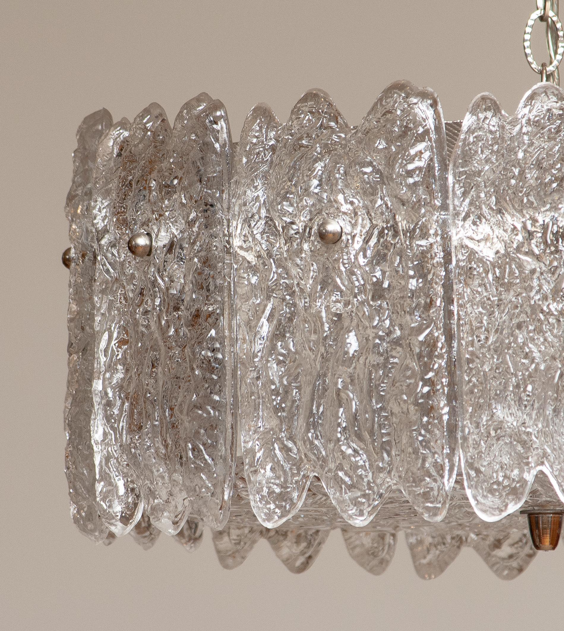 Brass 1960s, Large Ice Sculpted Crystal Pendant by Carl Fagerlund for Orrefors, Sweden