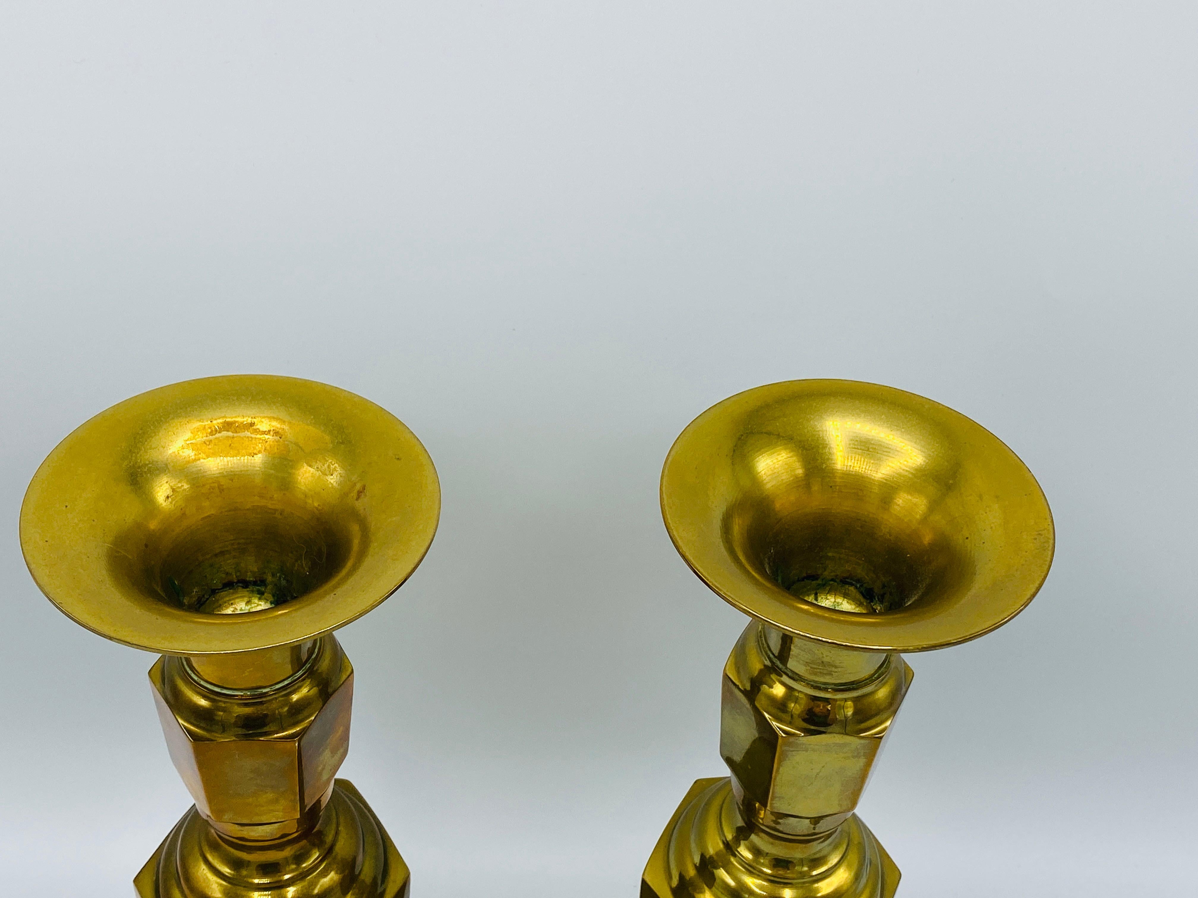 1960s Large Italian Brass Candlesticks, Pair In Good Condition For Sale In Richmond, VA