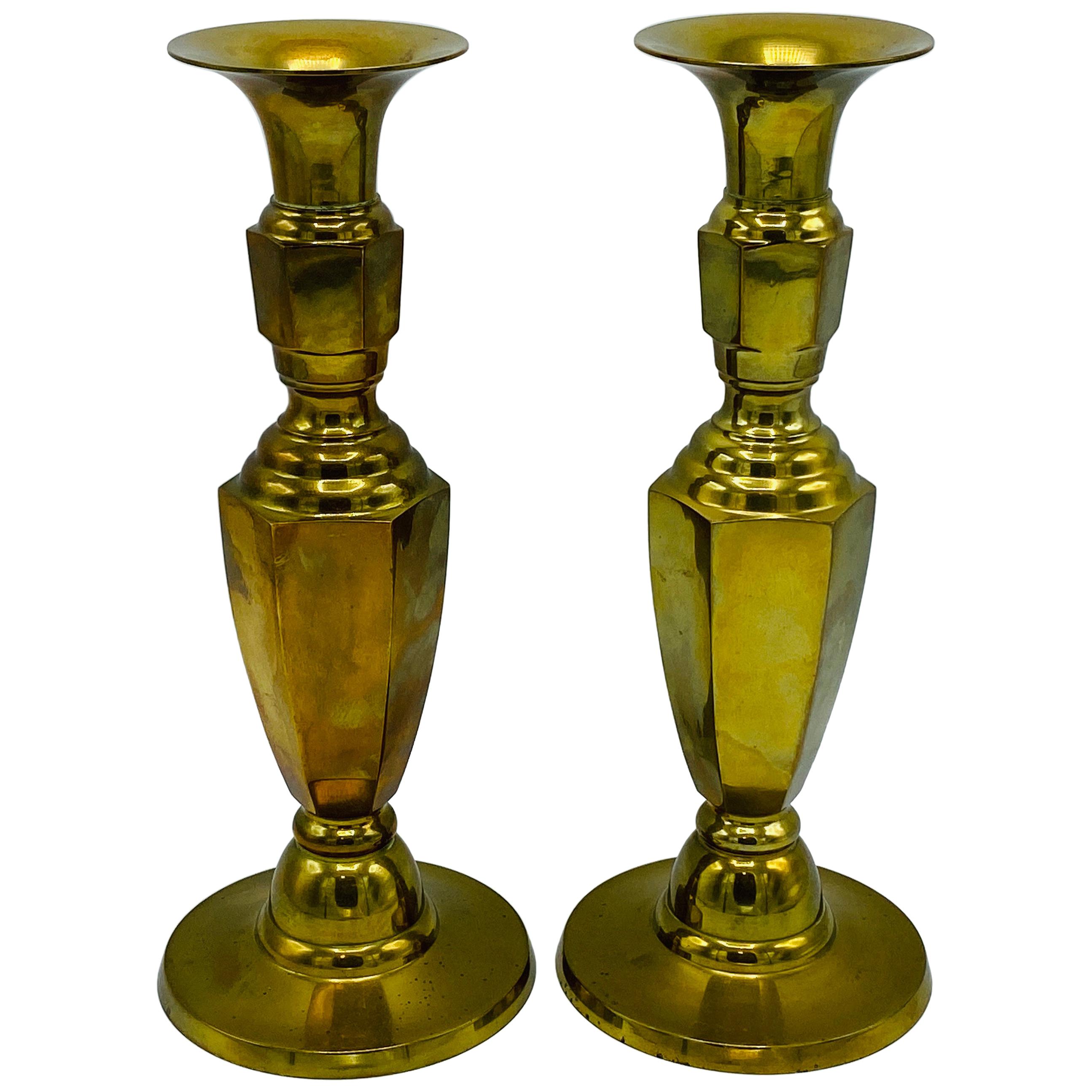 1960s Large Italian Brass Candlesticks, Pair For Sale
