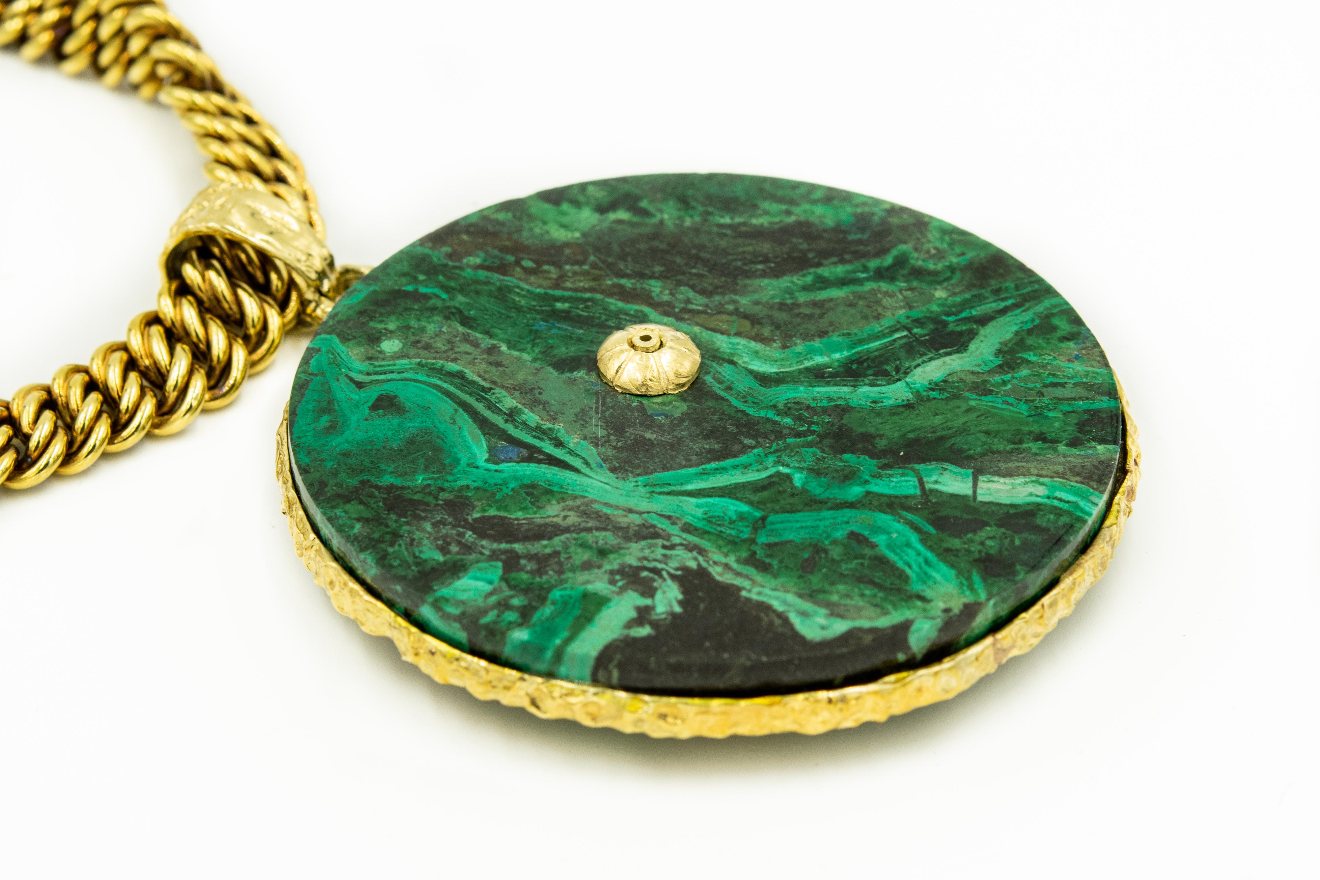 1960s Large Italian Malachite Chai Gold Pendant and Chain from Rabbi's Estate In Good Condition In Miami Beach, FL