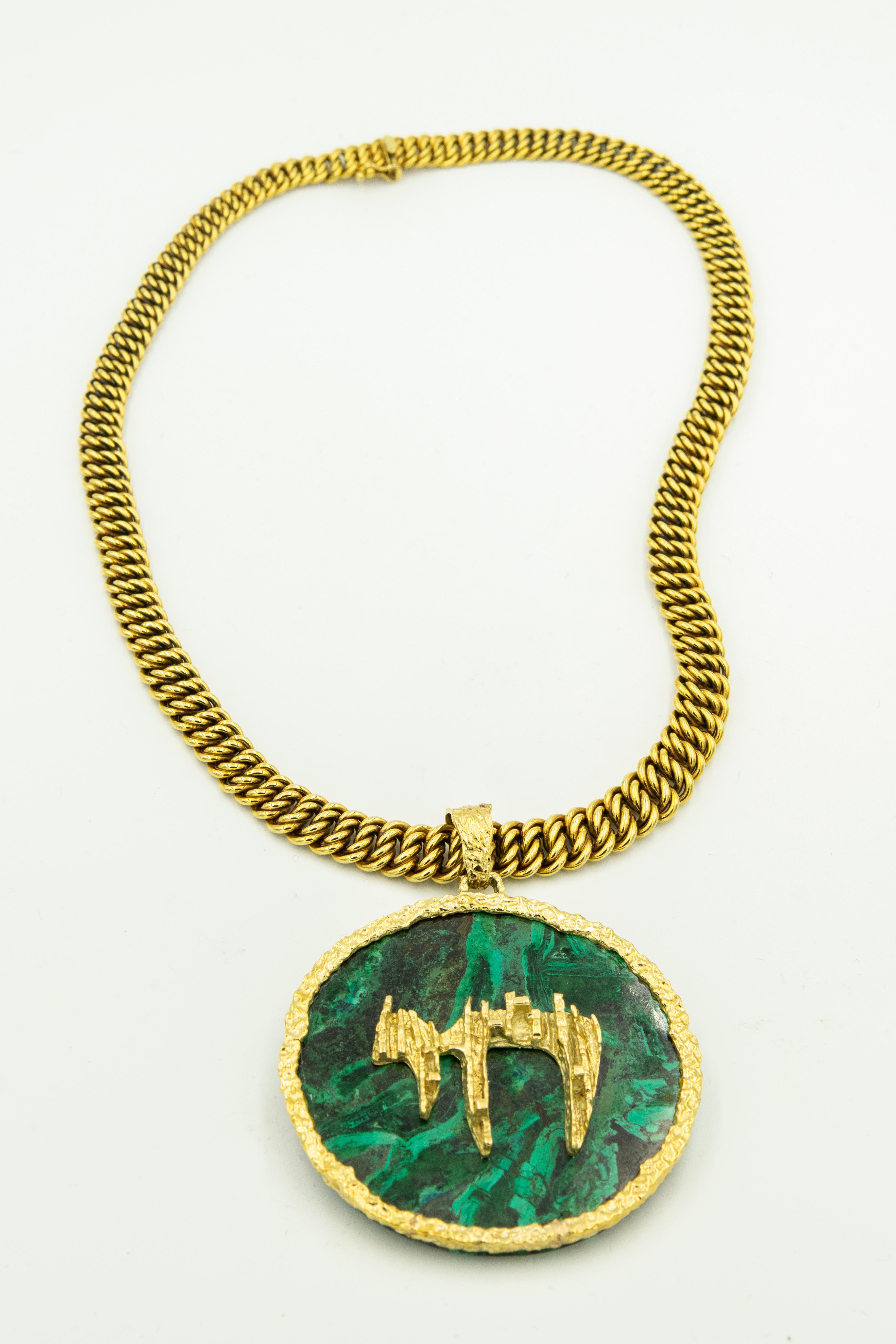 1960s Large Italian Malachite Chai Gold Pendant and Chain from Rabbi's Estate 1
