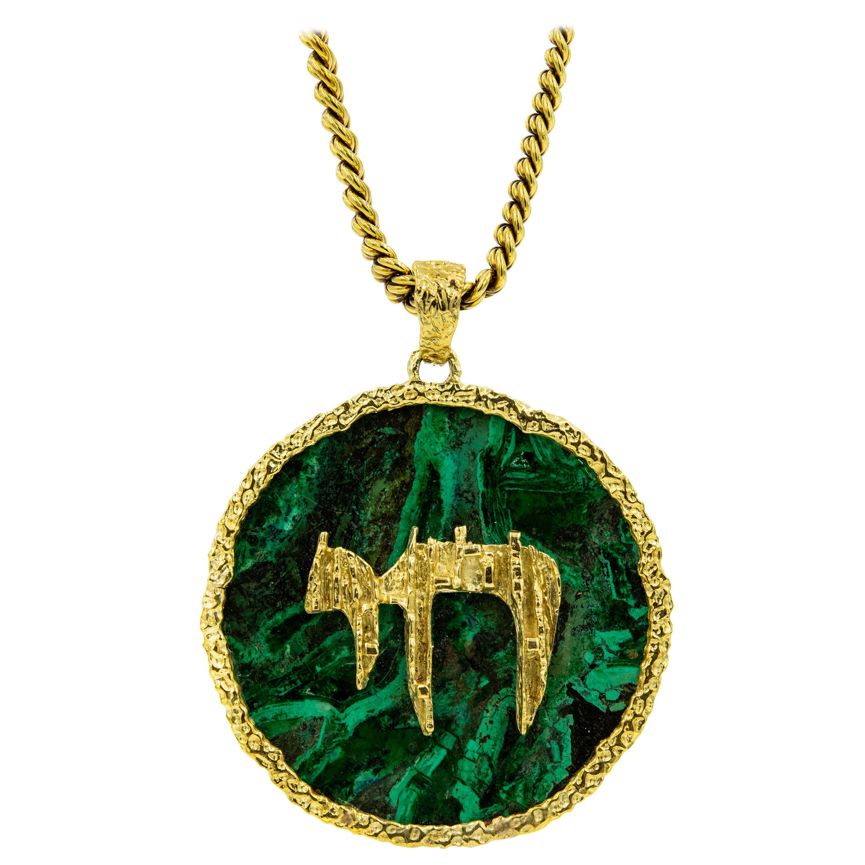 1960s Large Italian Malachite Chai Gold Pendant and Chain from Rabbi's Estate