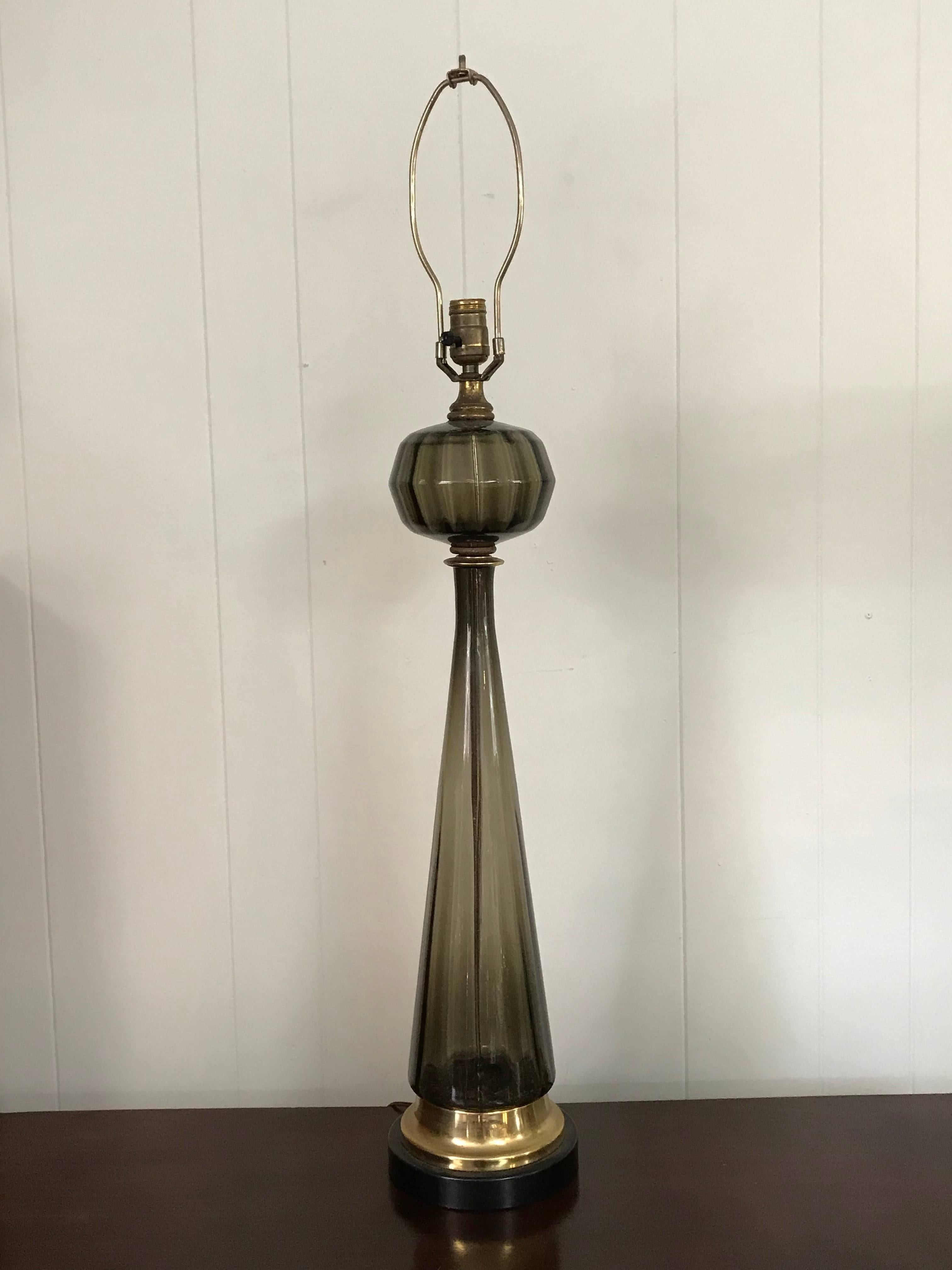 Offered is an absolutely stunning, 1960s large Italian Murano gray glass and brass lamp with a custom hand painted modern fiberglass shade. Measures: 38.75