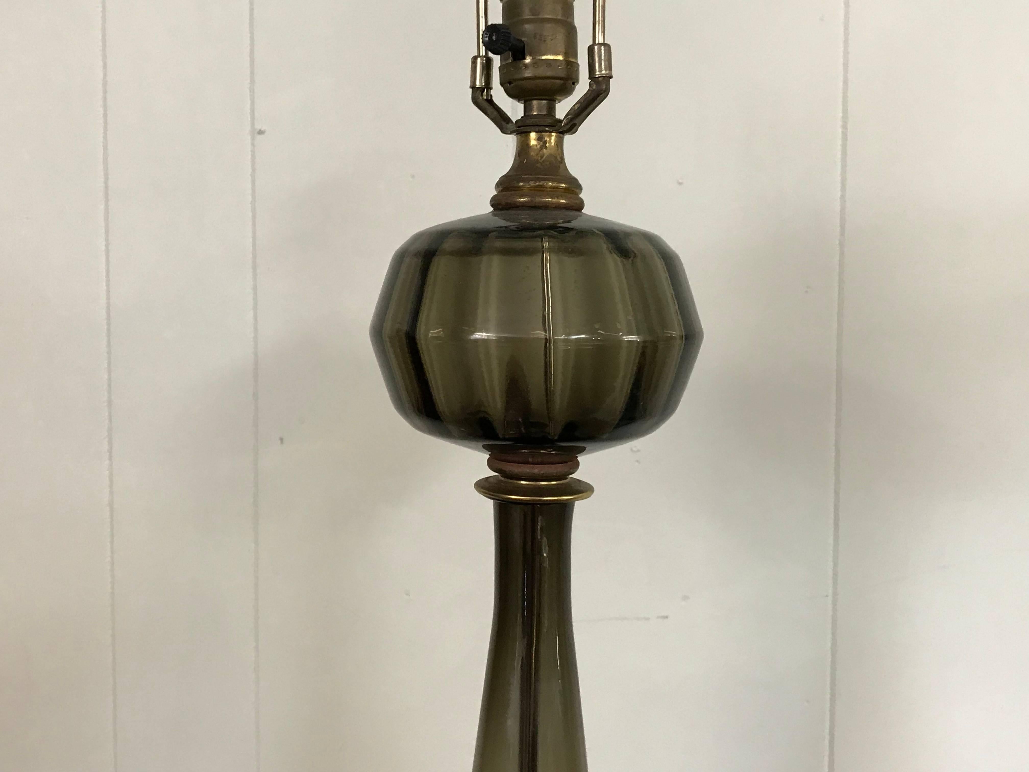 1960s Large Italian Murano Gray Glass and Brass Lamp with Fiberglass Shade In Good Condition In Richmond, VA