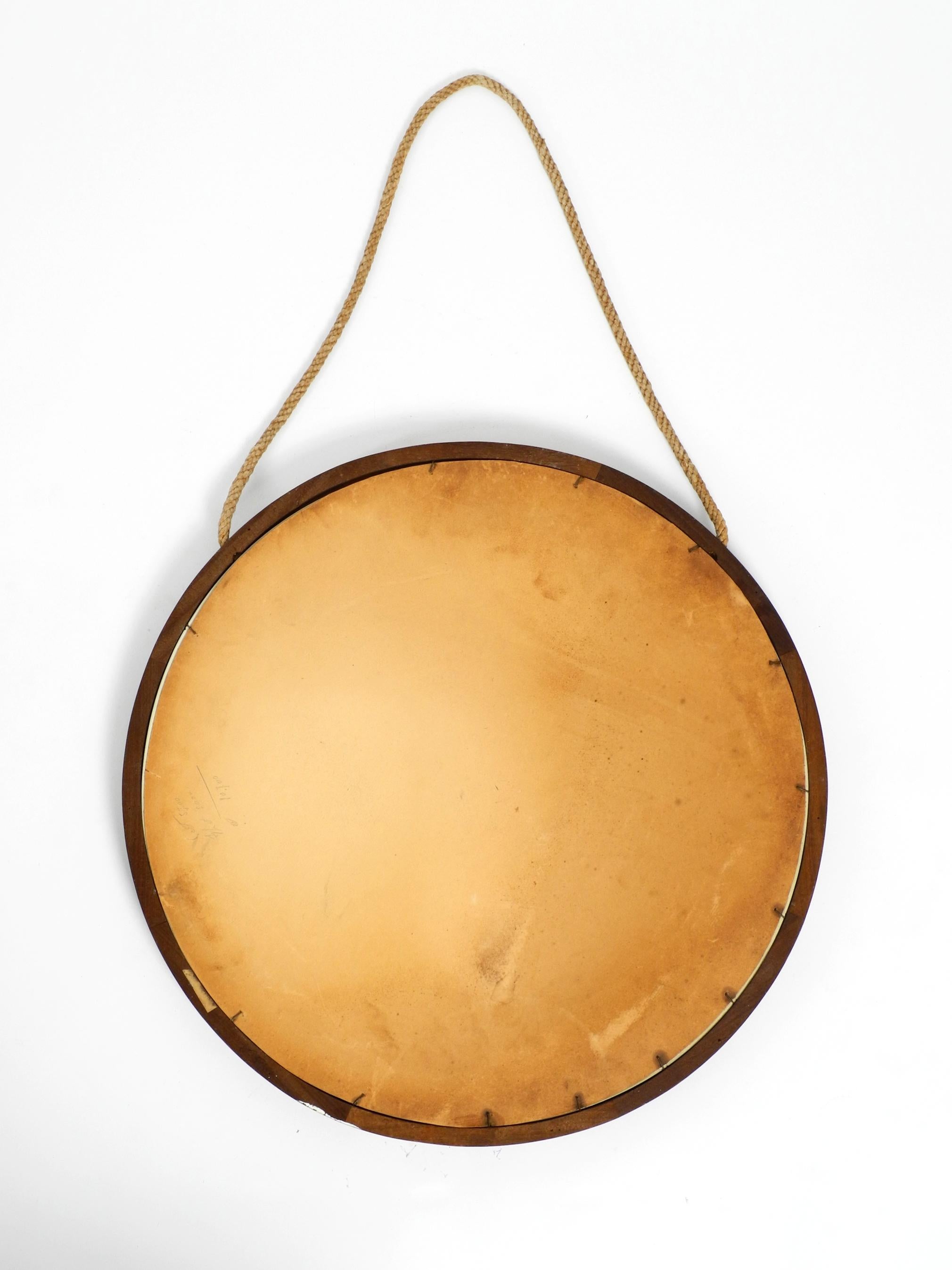 1960s Large Italian Teak Wall Mirror with Thick Rope Made of Natural Fiber 5
