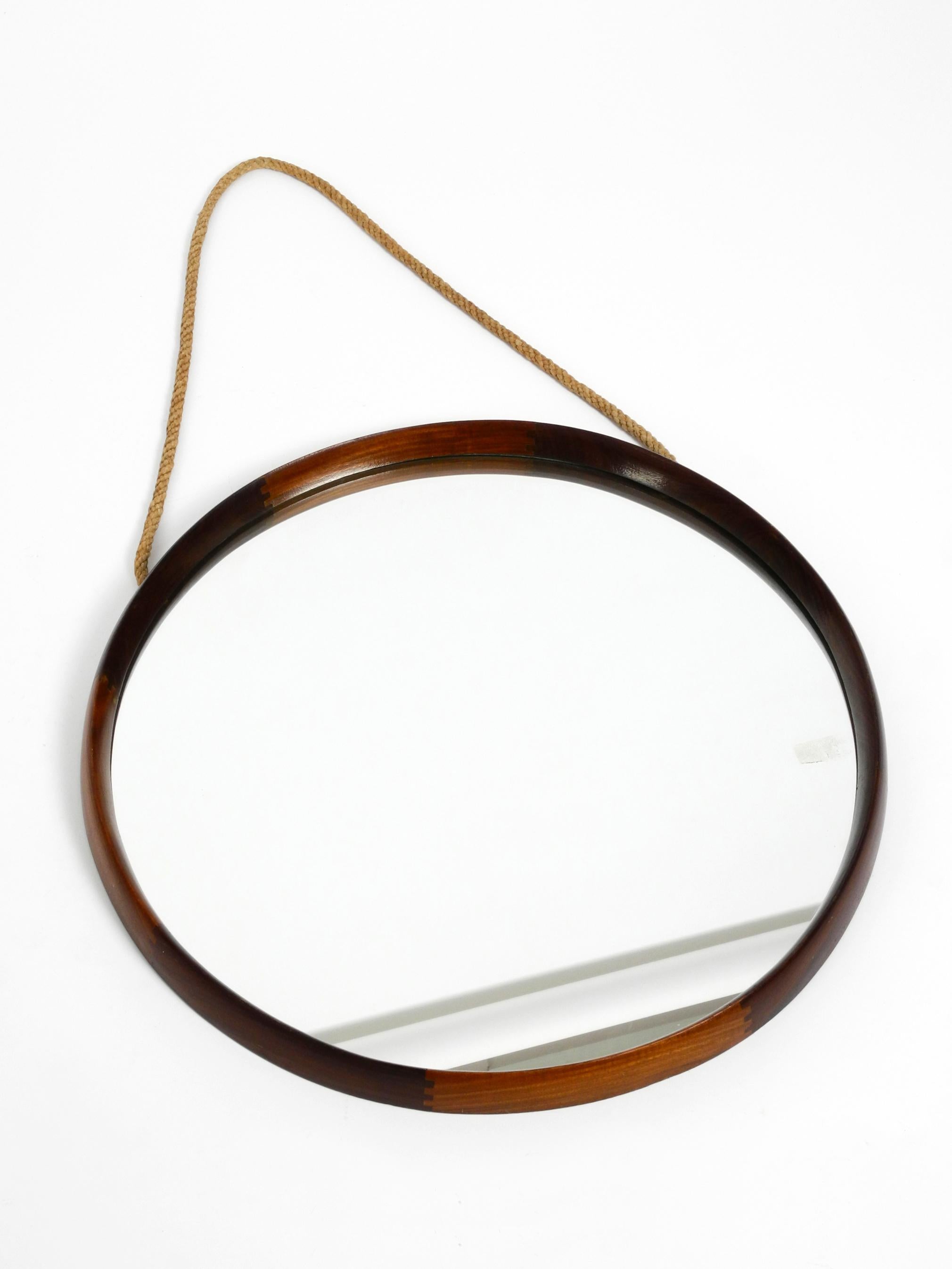Mid-Century Modern 1960s Large Italian Teak Wall Mirror with Thick Rope Made of Natural Fiber