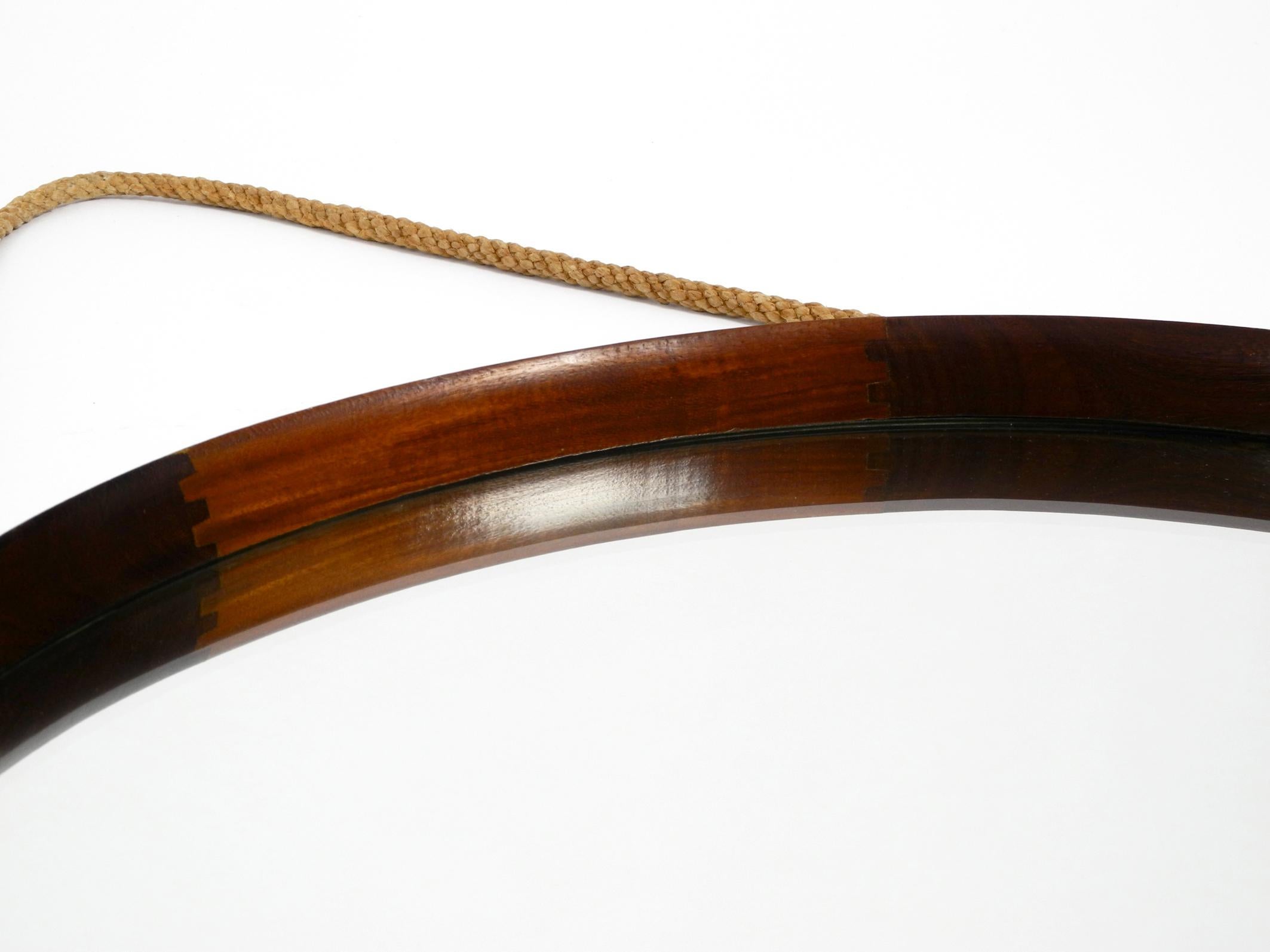 Mid-20th Century 1960s Large Italian Teak Wall Mirror with Thick Rope Made of Natural Fiber