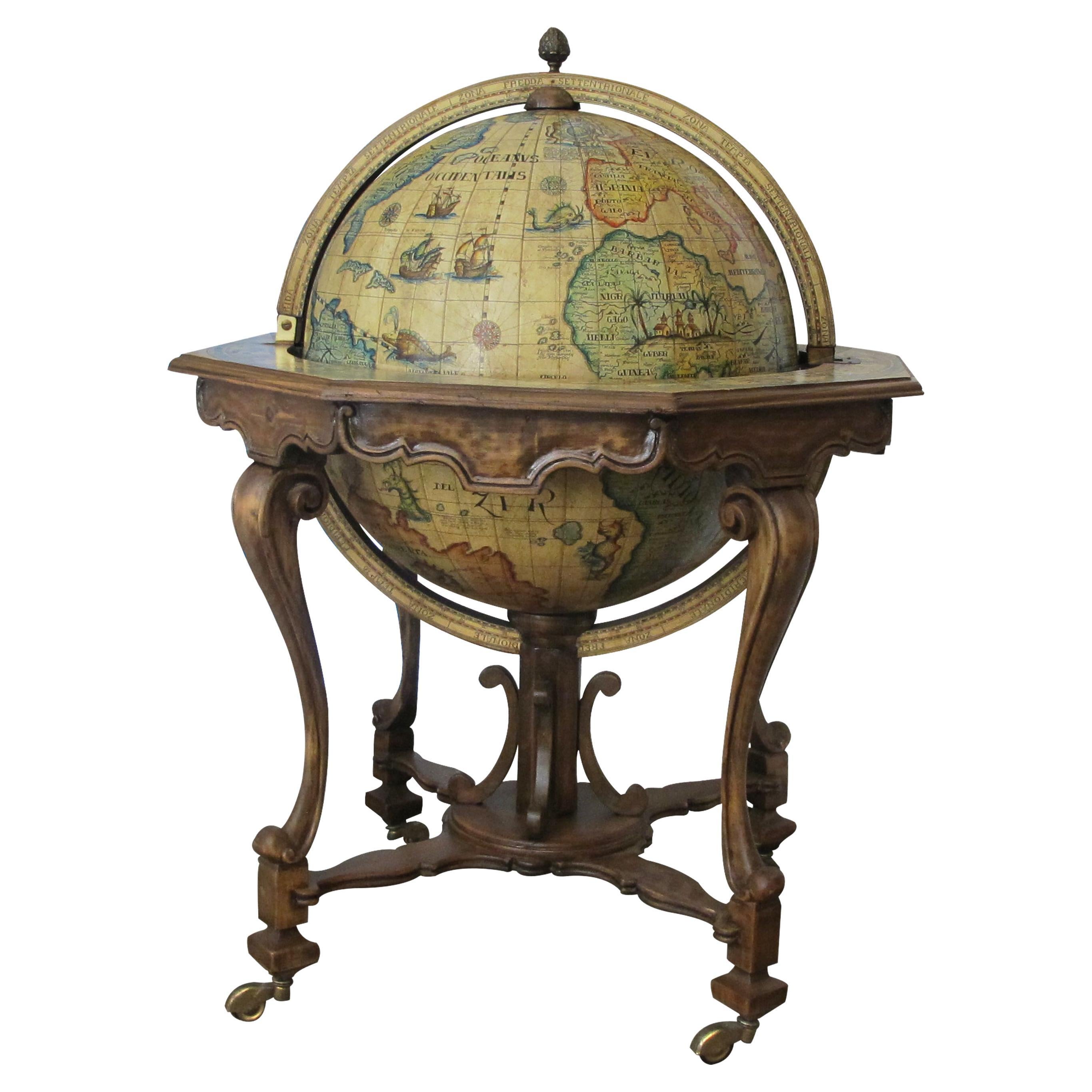 1960s Large Italian World Map Globe Bar Cart or Drinks Trolley with Zodiac Signs