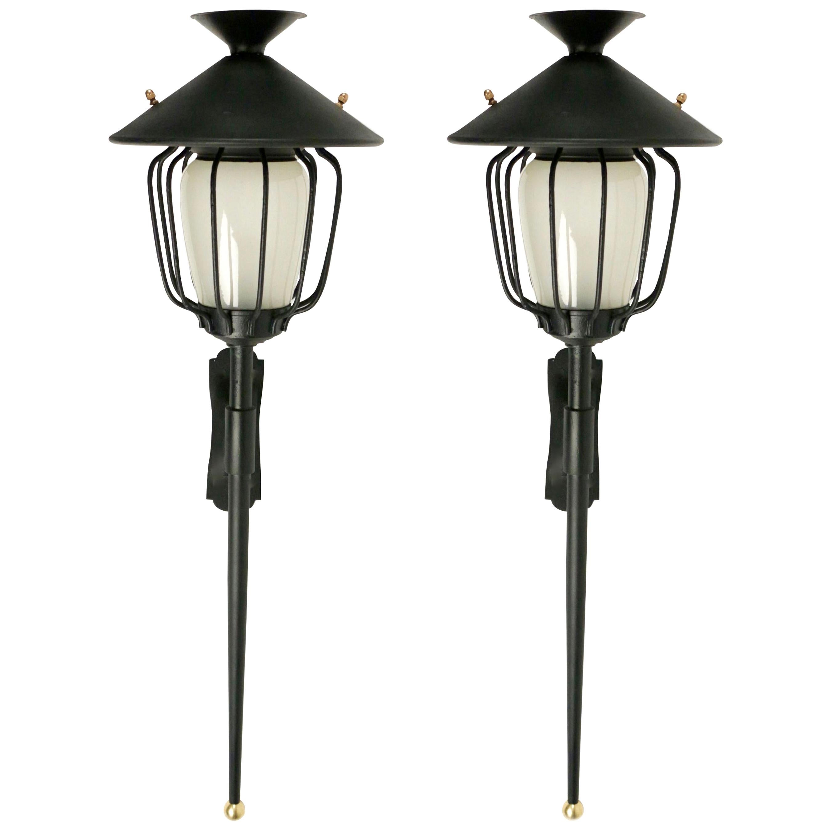 1970 Large Pair of Lantern Wall Lights from Maison Honoré For Sale